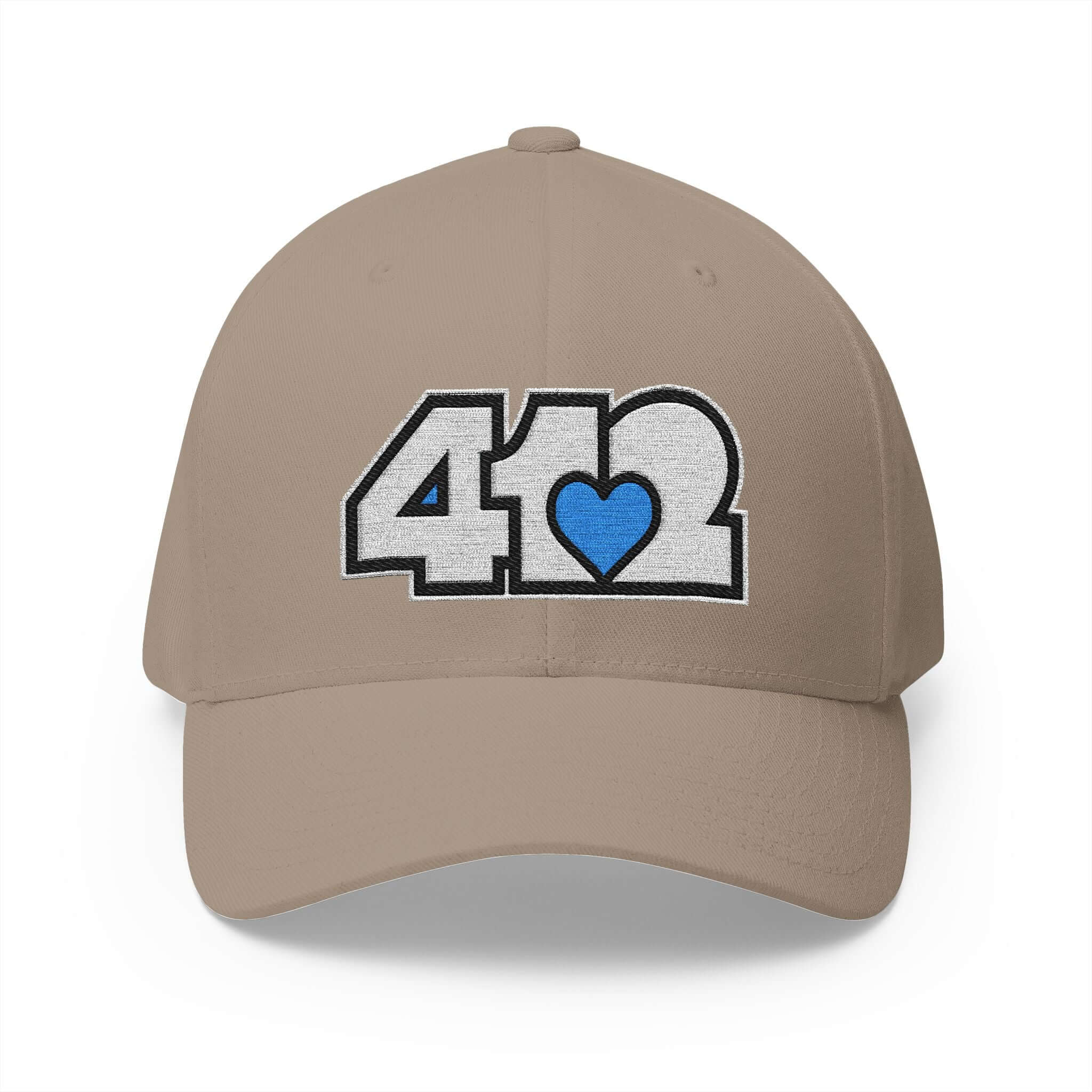 Stretch Fit Hat | Embroidered White and Blue 412 Logo. Apparel Color: Khaki. The sleek design, featuring a mid-profile silhouette, and a curved visor.