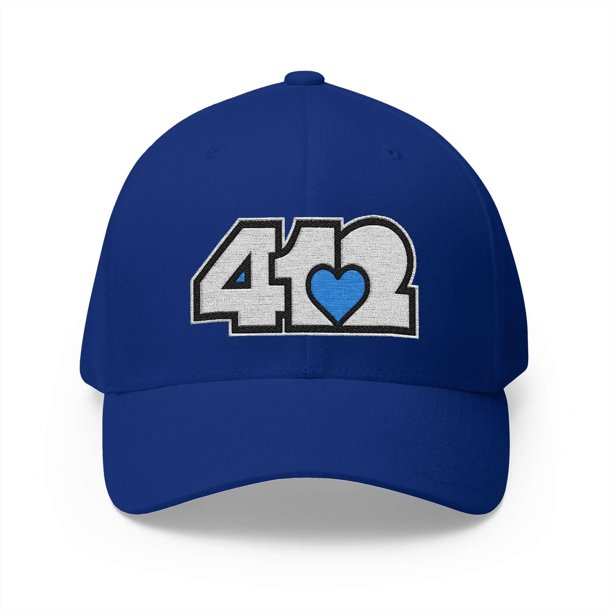 Stretch Fit Hat | Embroidered White and Blue 412 Logo. Apparel Color: Royal Blue. The sleek design, featuring a mid-profile silhouette, and a curved visor.
