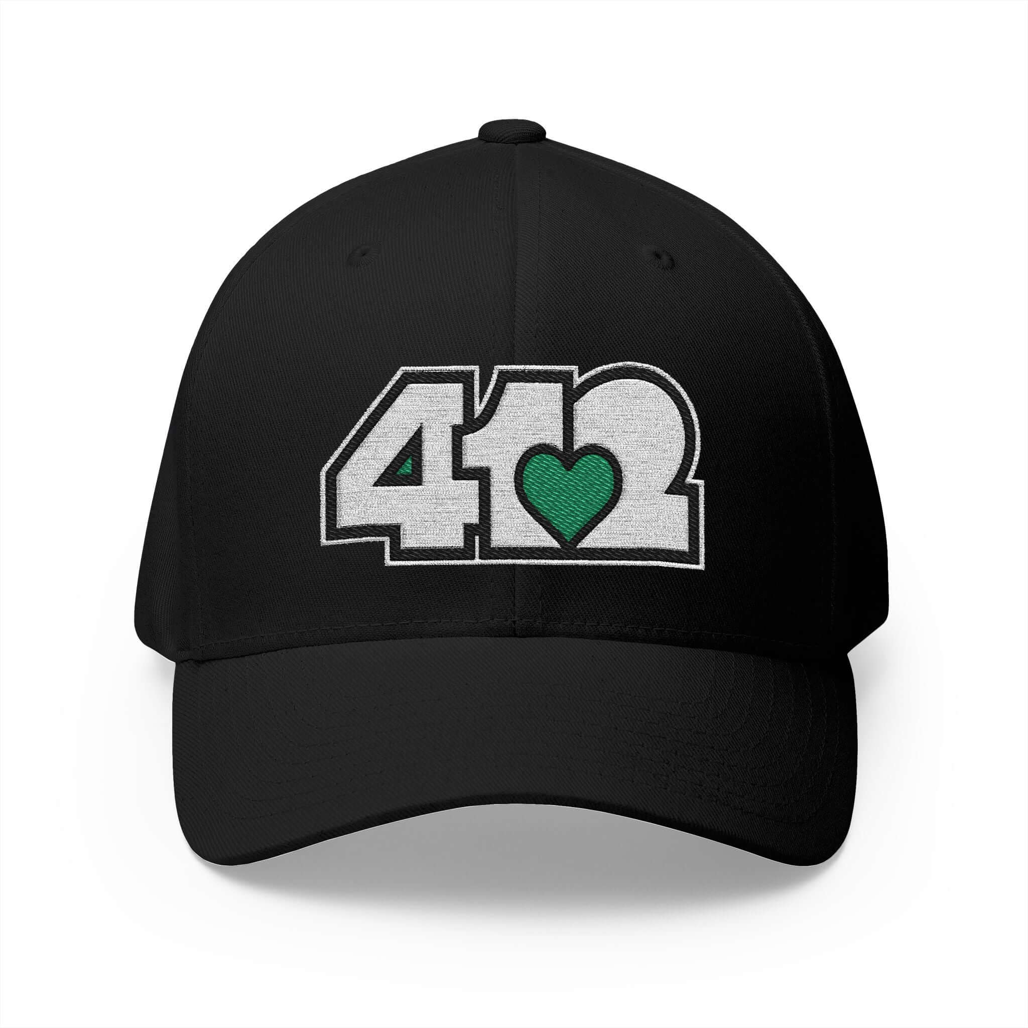Stretch Fit Hat | Embroidered White and Green 412 Logo. Apparel Color: Black. The sleek design, featuring a mid-profile silhouette, and a curved visor.