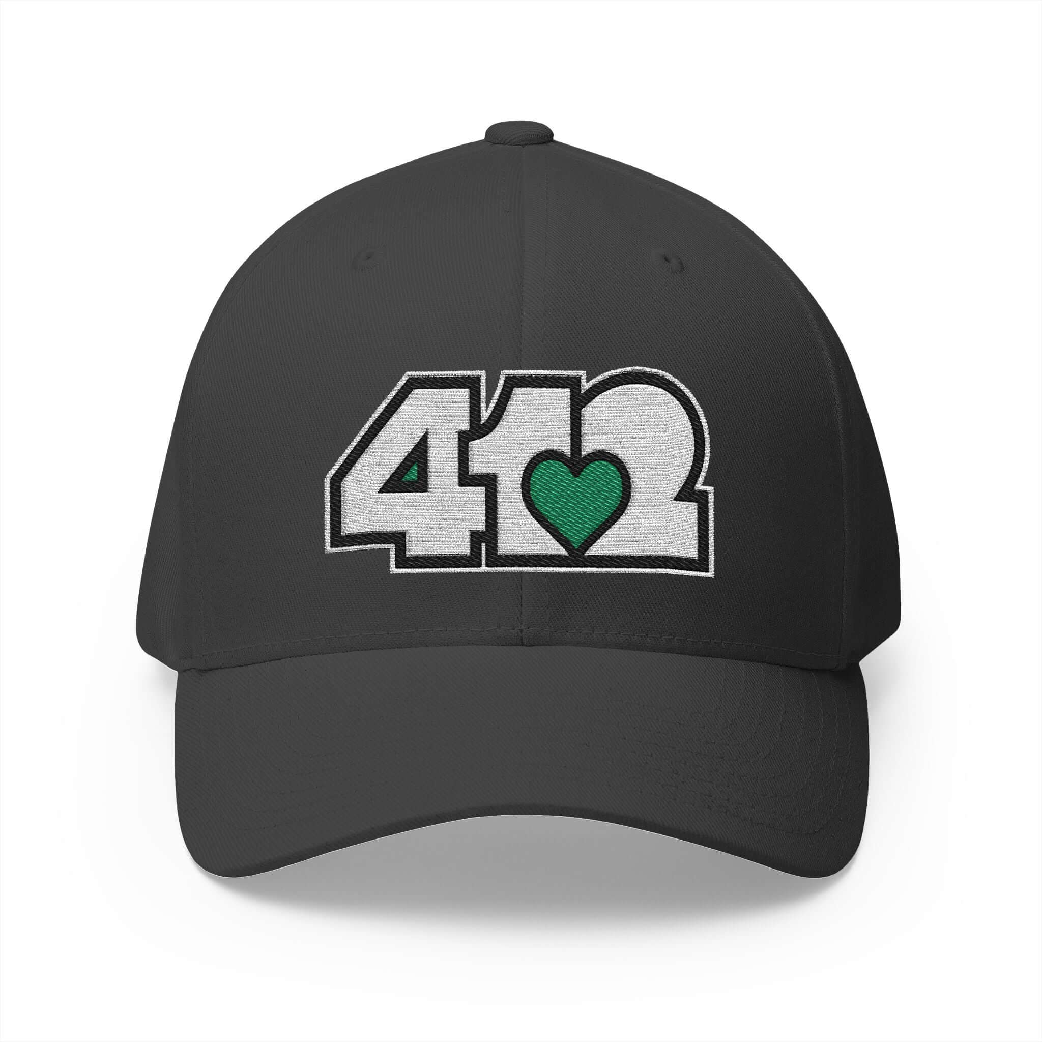 Stretch Fit Hat | Embroidered White and Green 412 Logo. Apparel Color: Dark Grey. The sleek design, featuring a mid-profile silhouette, and a curved visor.