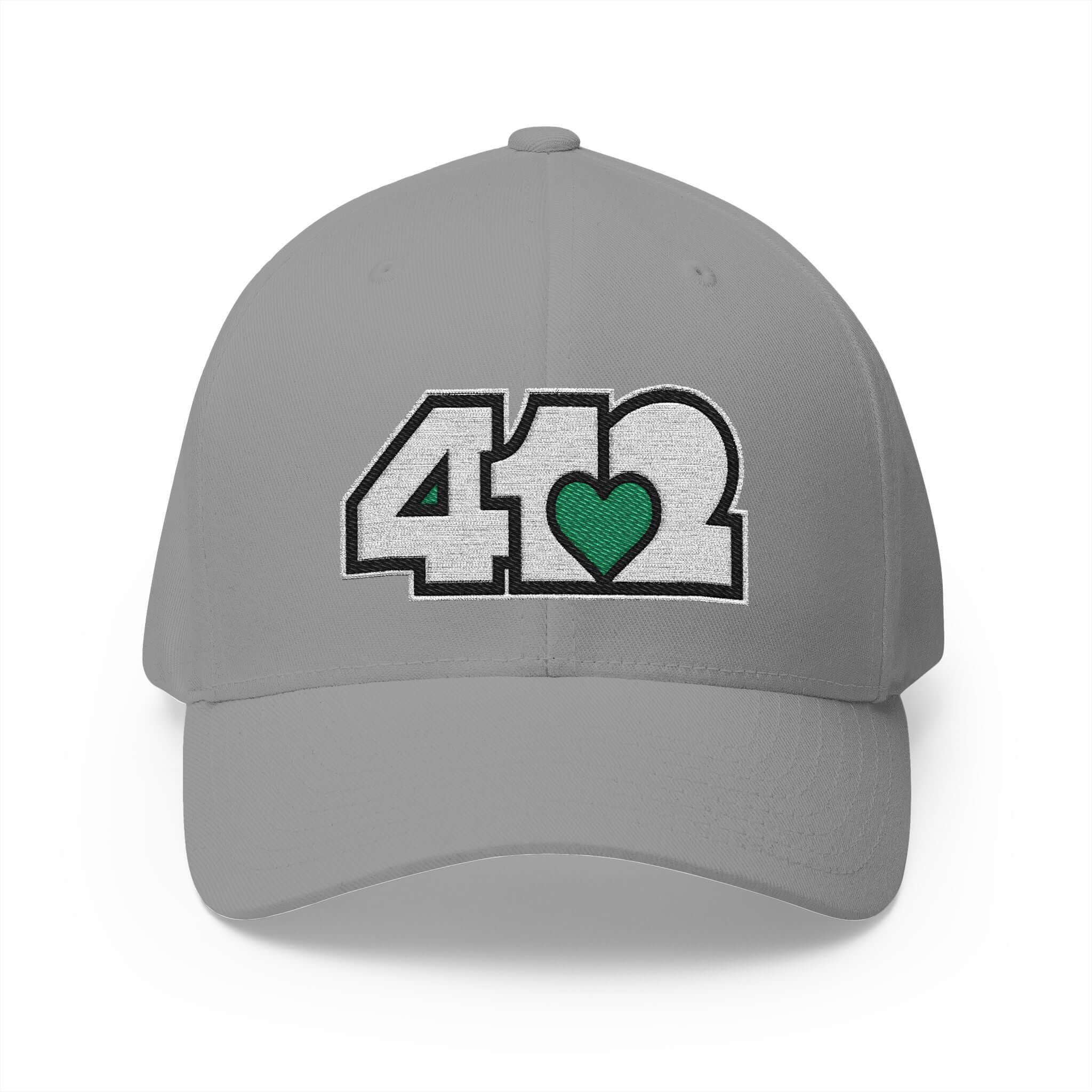 Stretch Fit Hat | Embroidered White and Green 412 Logo. Apparel Color: Grey. The sleek design, featuring a mid-profile silhouette, and a curved visor.