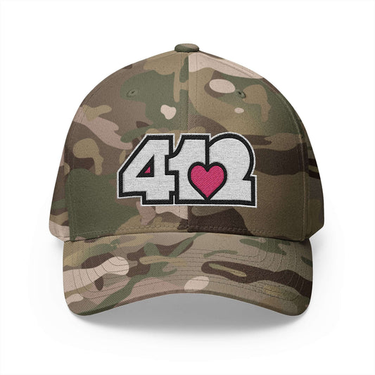Stretch Fit Hat | Embroidered White and Pink 412 Logo. Apparel Color: Multicam Green. The sleek design, featuring a mid-profile silhouette, and a curved visor.