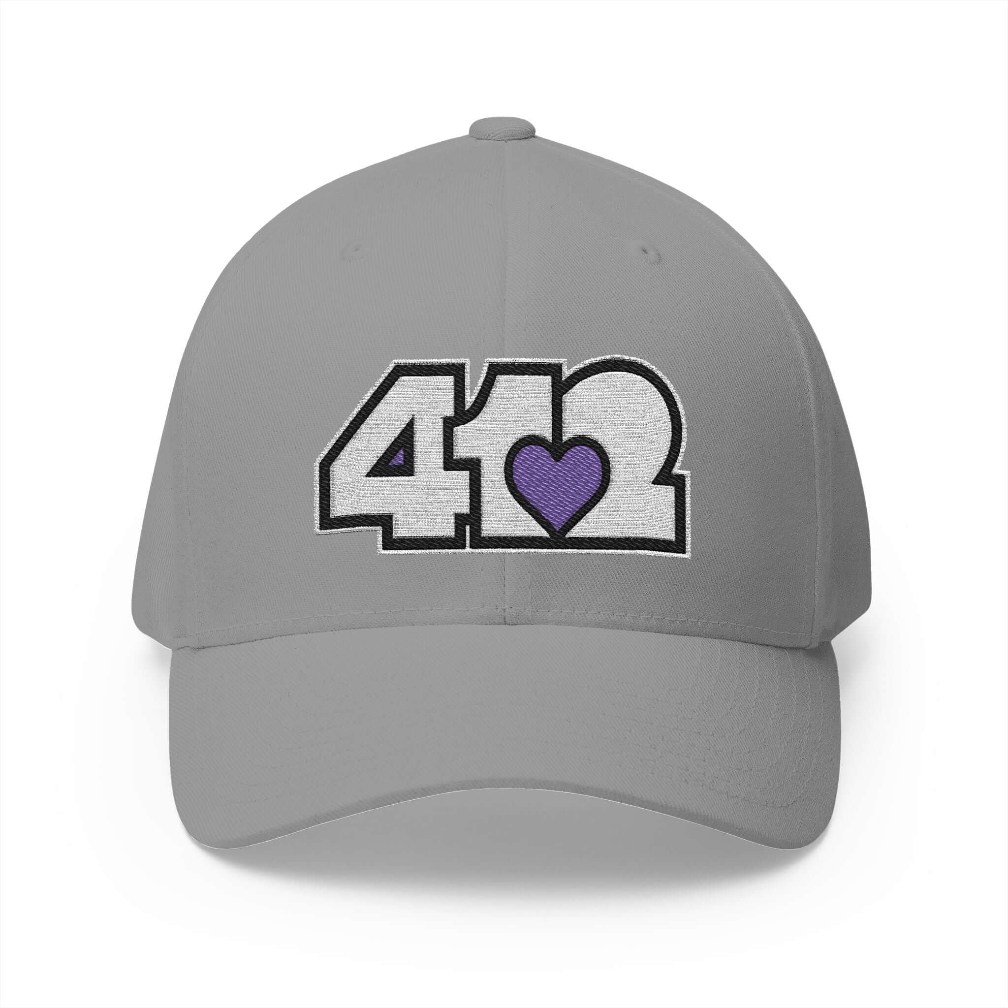 Stretch Fit Hat | Embroidered White and Purple 412 Logo. Apparel Color: Grey. The sleek design, featuring a mid-profile silhouette, and a curved visor.