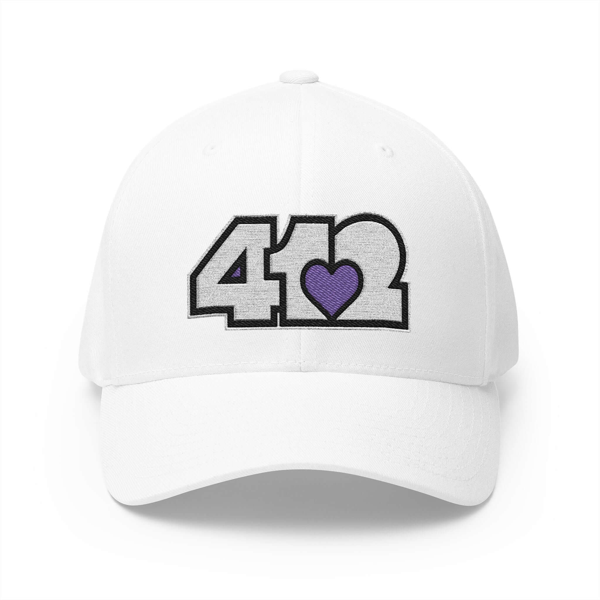 Stretch Fit Hat | Embroidered White and Purple 412 Logo. Apparel Color: White. The sleek design, featuring a mid-profile silhouette, and a curved visor.