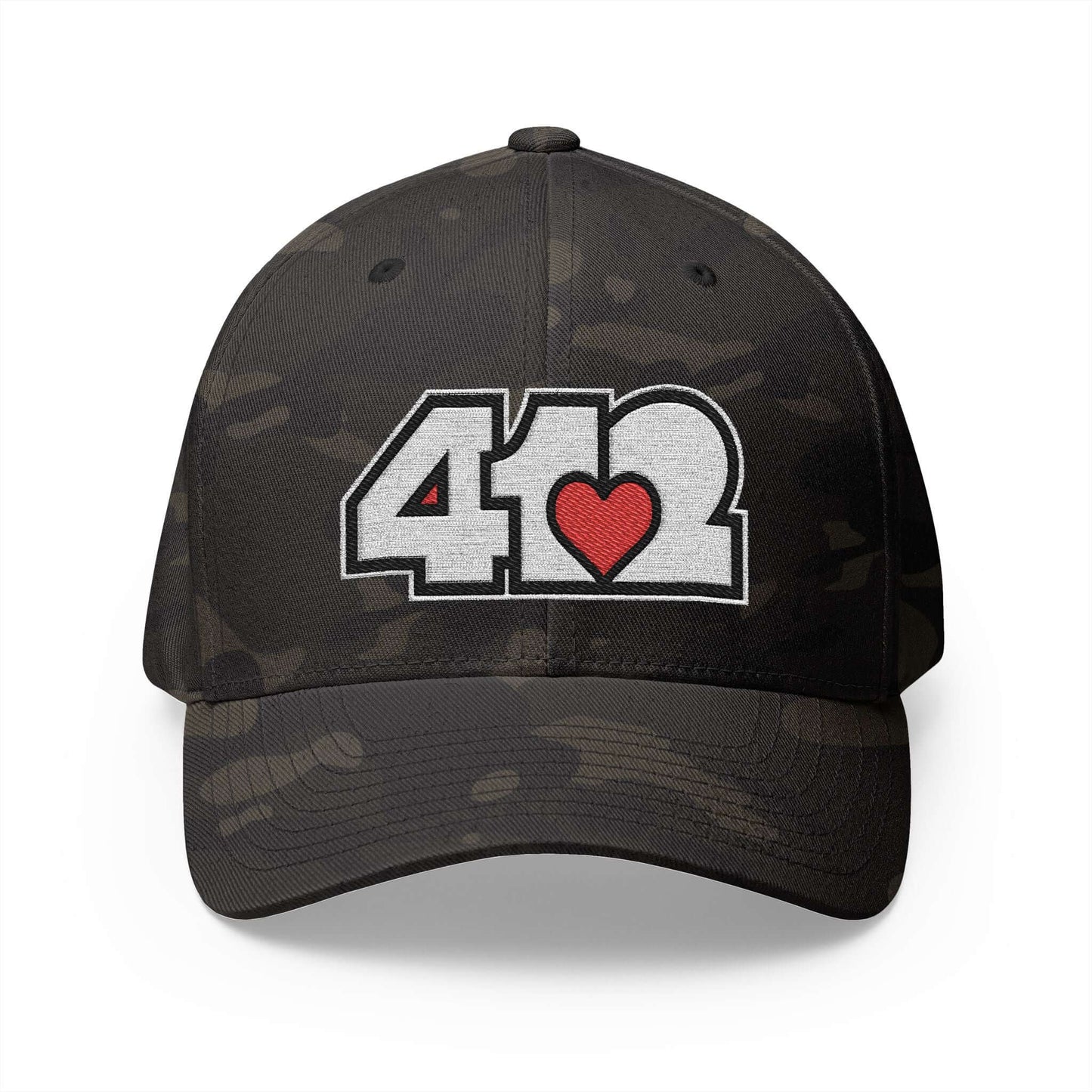 Stretch Fit Hat | Embroidered White and Red 412 Logo. Apparel Color: Multicam Black. The sleek design, featuring a mid-profile silhouette, and a curved visor.