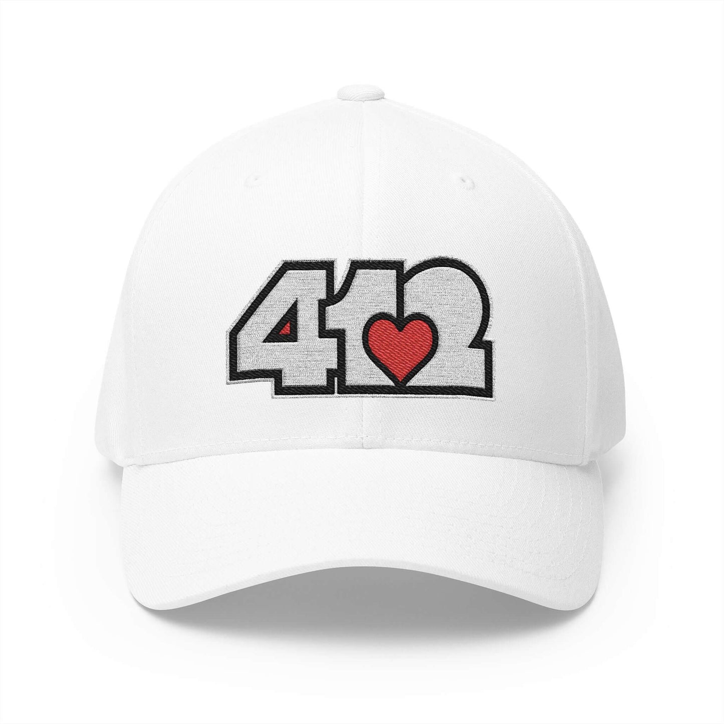 Stretch Fit Hat | Embroidered White and Red 412 Logo. Apparel Color: White. The sleek design, featuring a mid-profile silhouette, and a curved visor.