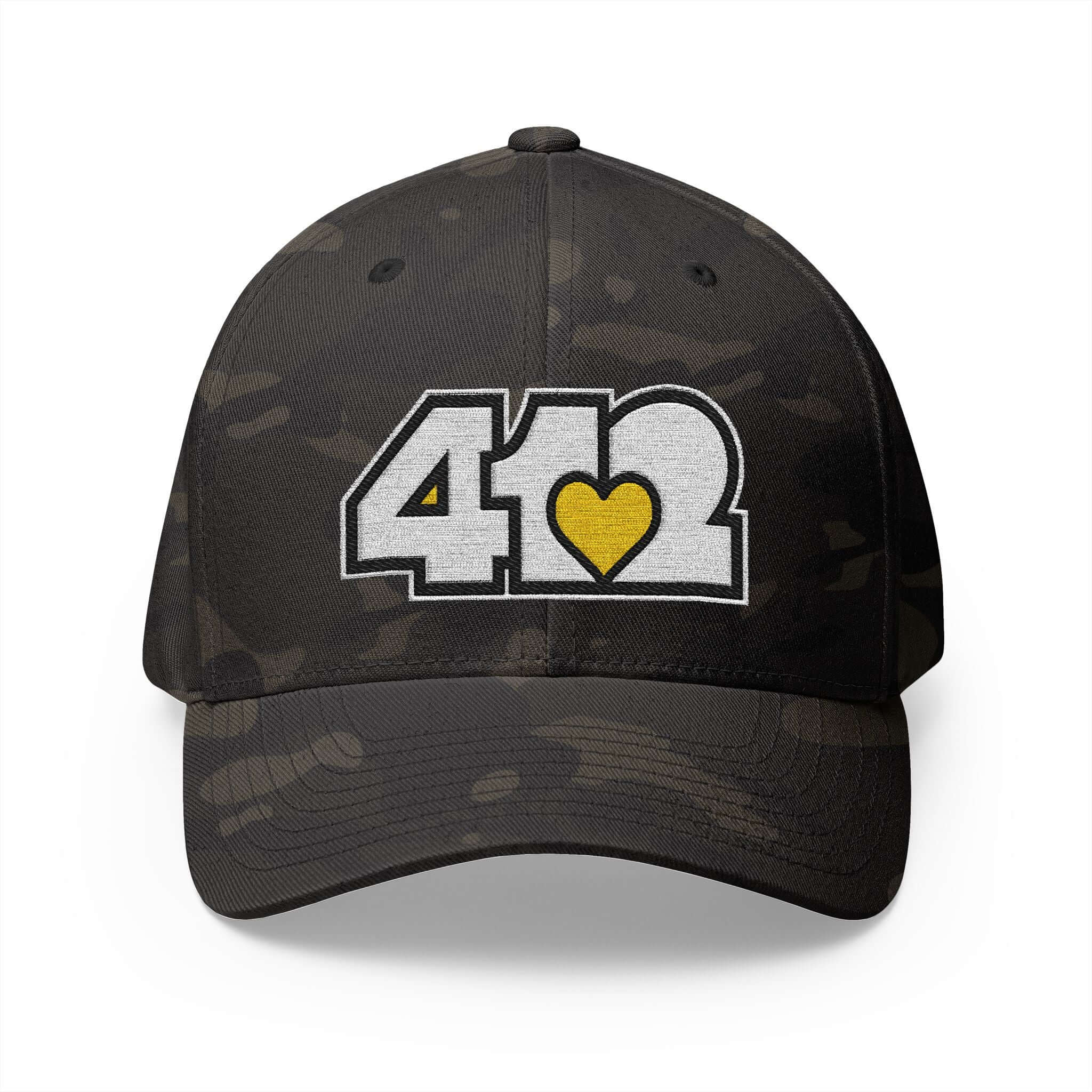 Stretch Fit Hat | Embroidered White and Yellow 412 Logo. The sleek design, featuring a mid-profile silhouette, and a curved visor.