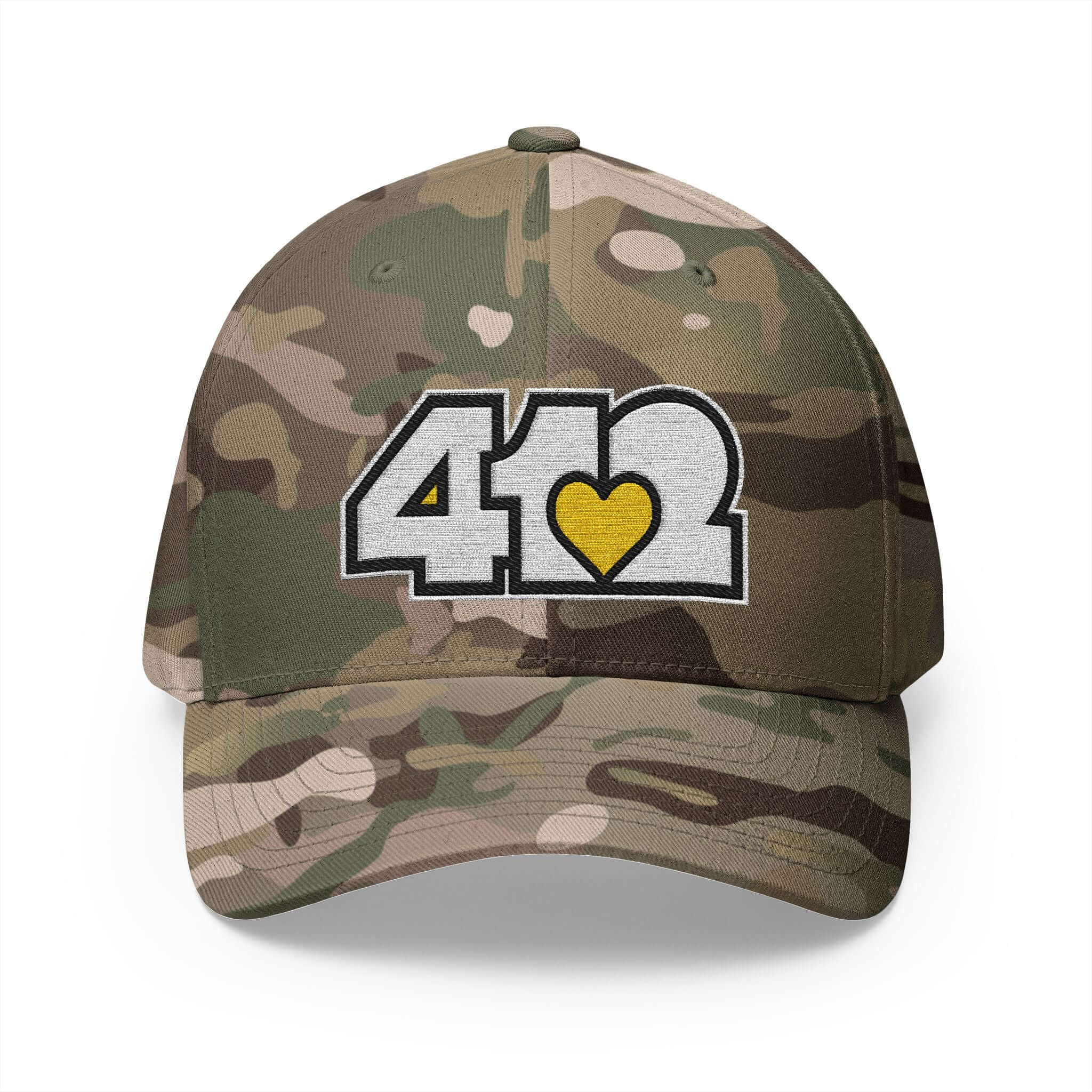 Stretch Fit Hat | Embroidered White and Yellow 412 Logo. The sleek design, featuring a mid-profile silhouette, and a curved visor.