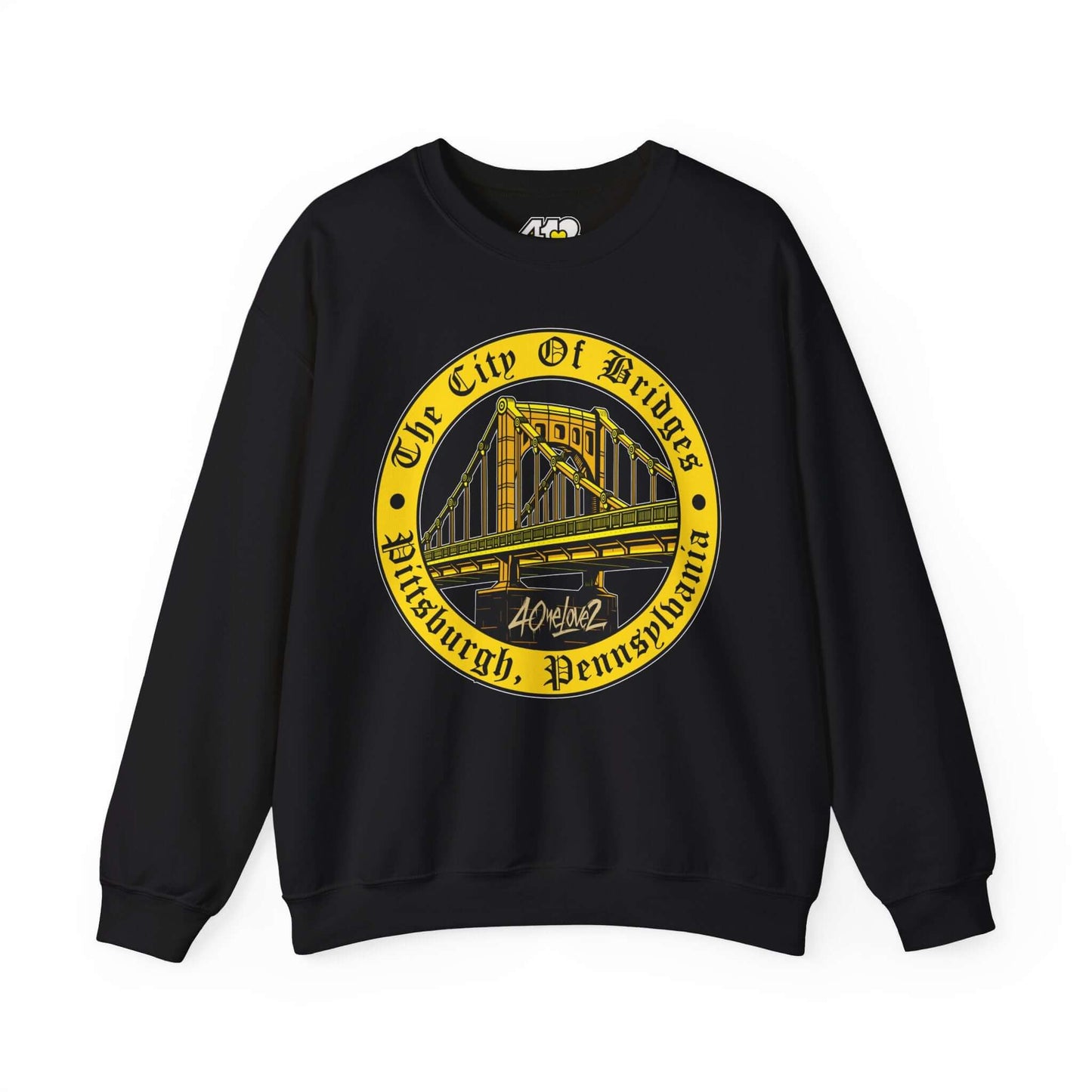 The City of Bridges Sweatshirt. Apparel Color: Black. A blend of 50% cotton and 50% polyester for cozy durability. With an Elastic ribbed collar, and Double-needle stitching.