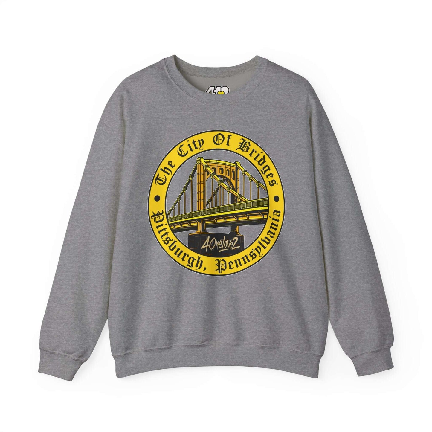 The City of Bridges Sweatshirt. Apparel Color: Graphite Heather. A blend of 50% cotton and 50% polyester for cozy durability. With an Elastic ribbed collar, and Double-needle stitching.