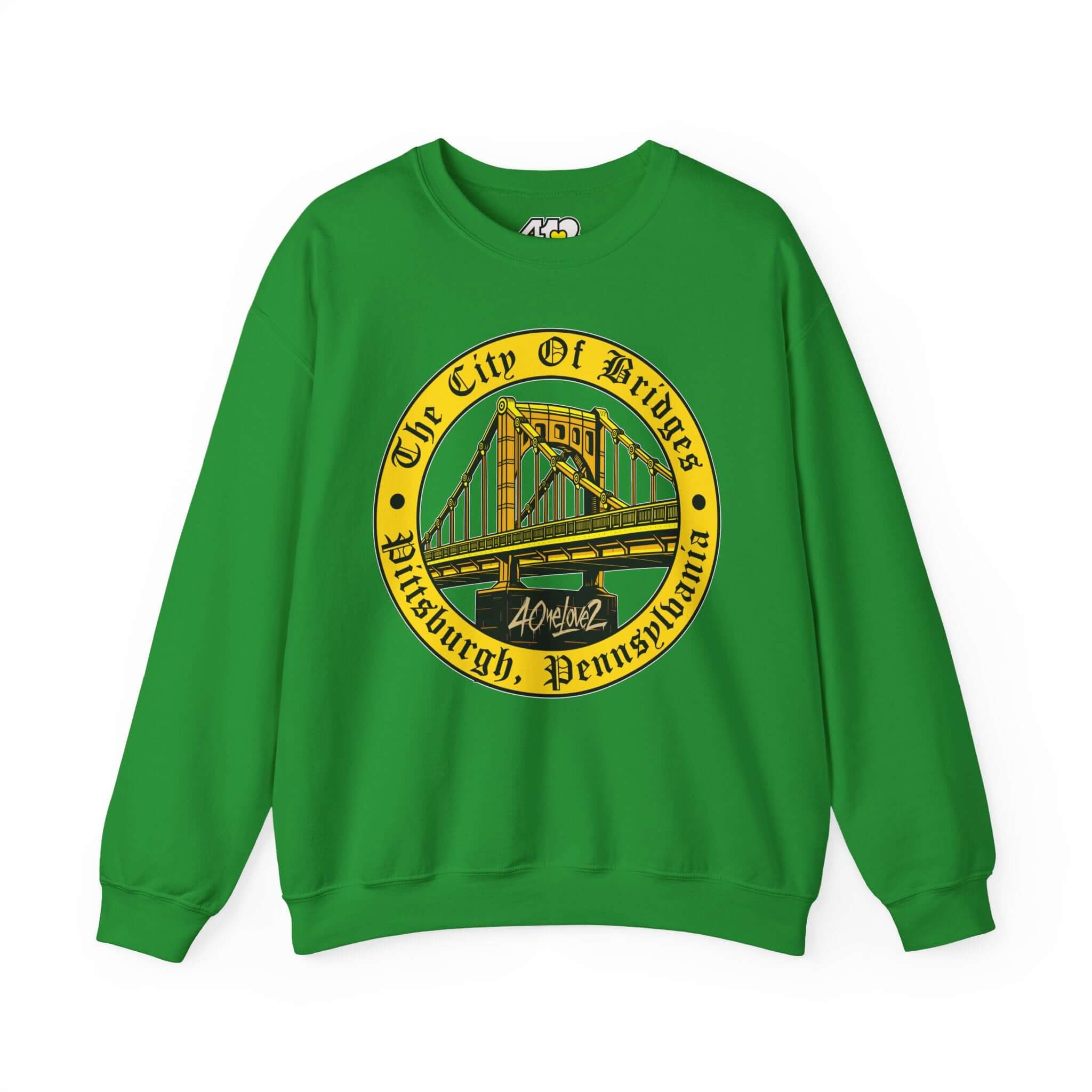 The City of Bridges Sweatshirt. Apparel Color: Irish Green. A blend of 50% cotton and 50% polyester for cozy durability. With an Elastic ribbed collar, and Double-needle stitching.