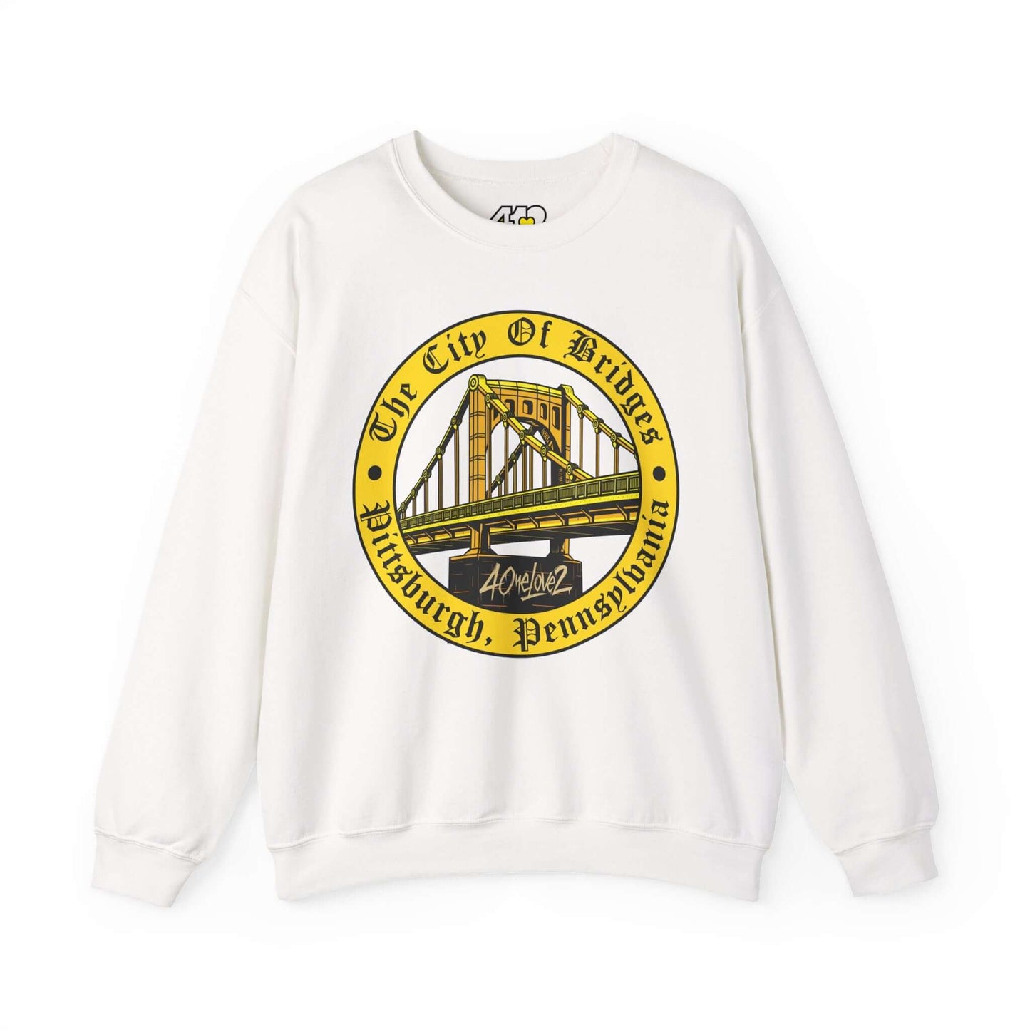 The City of Bridges Sweatshirt. Apparel Color: White. A blend of 50% cotton and 50% polyester for cozy durability. With an Elastic ribbed collar, and Double-needle stitching.