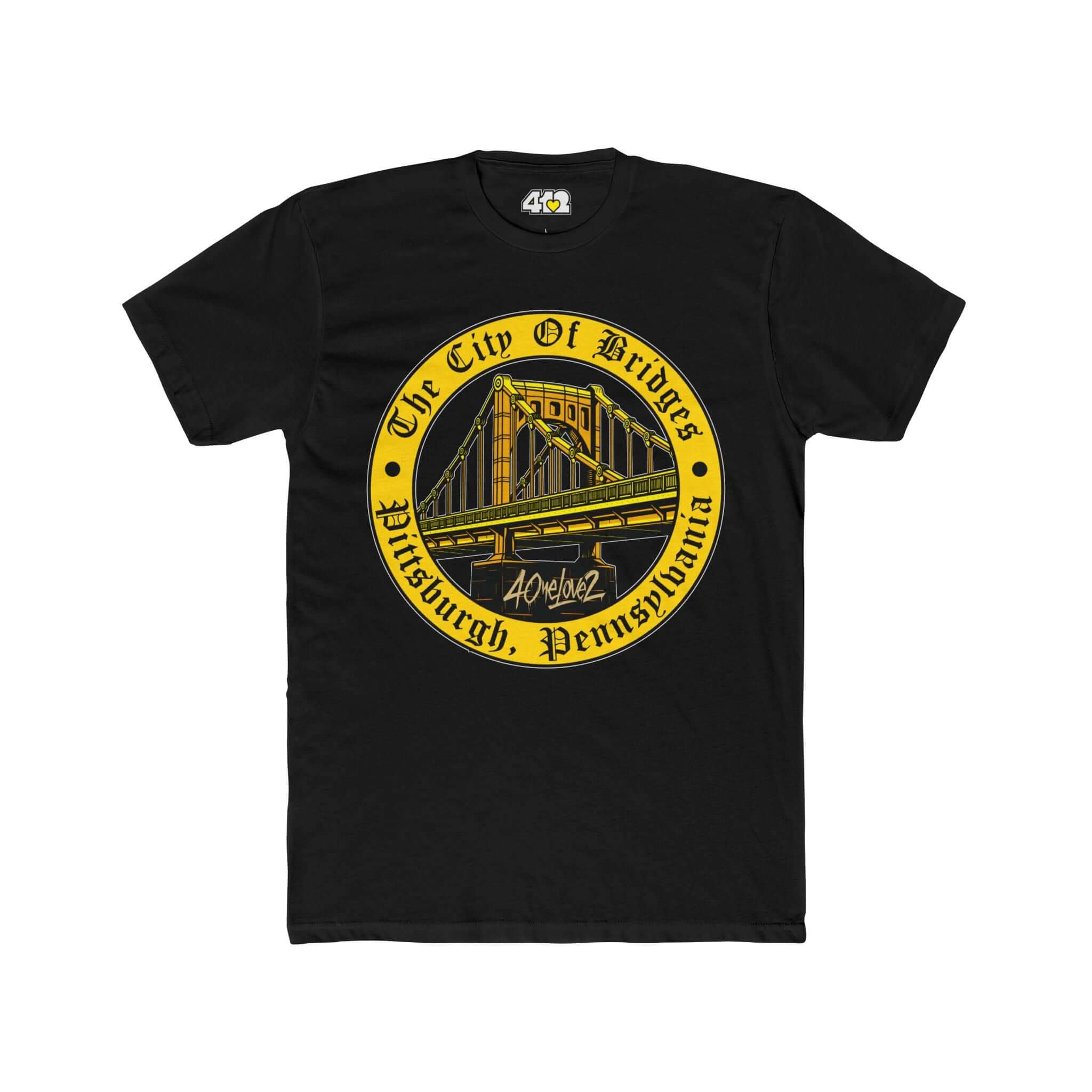 The City of Bridges T-Shirt | Full Color Logo. Apparel Color: Solid Black. Tailored fit T-Shirt with breathable cotton fabric, and classic neckline.