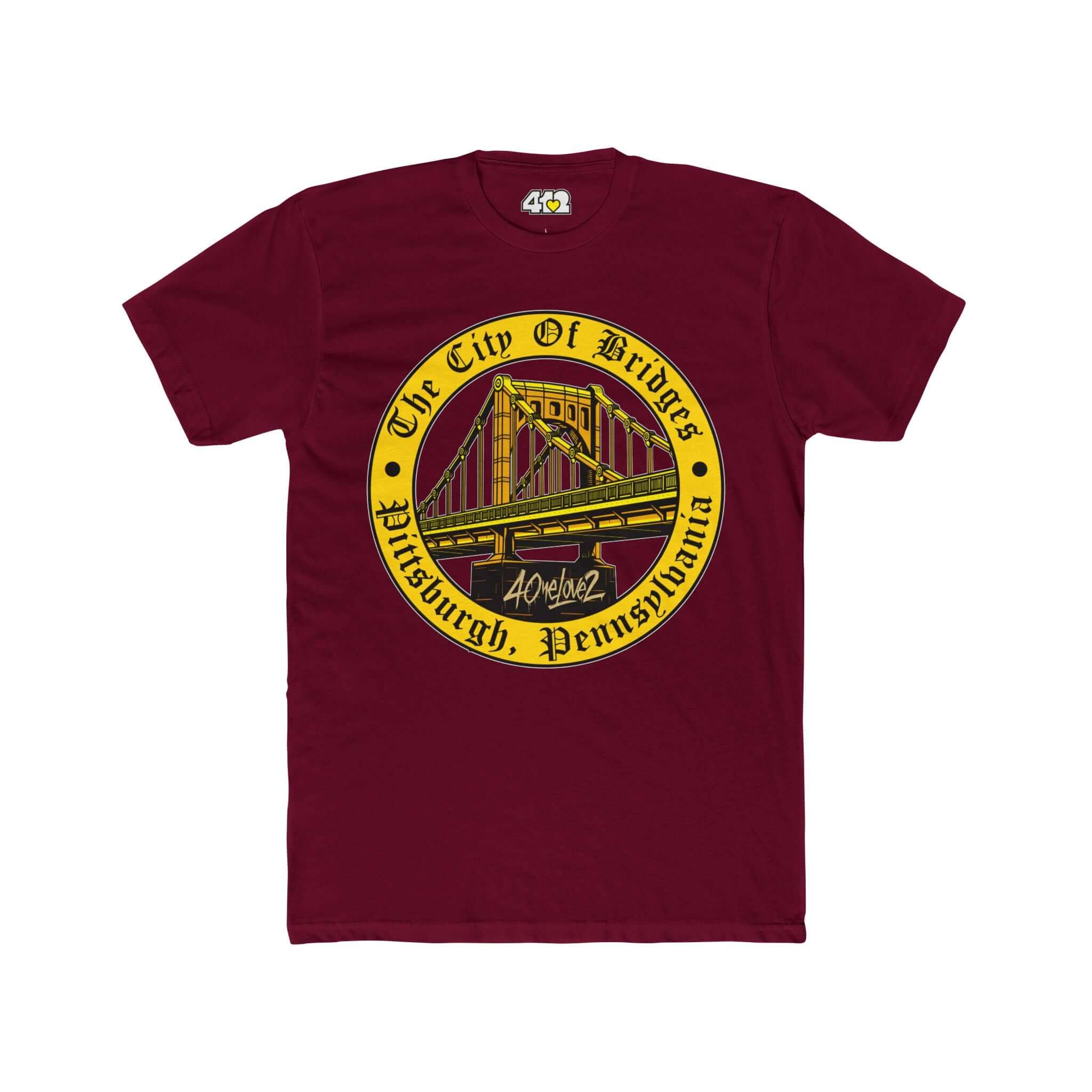 The City of Bridges T-Shirt | Full Color Logo. Apparel Color: Solid Cardinal Red. Tailored fit T-Shirt with breathable cotton fabric, and classic neckline.