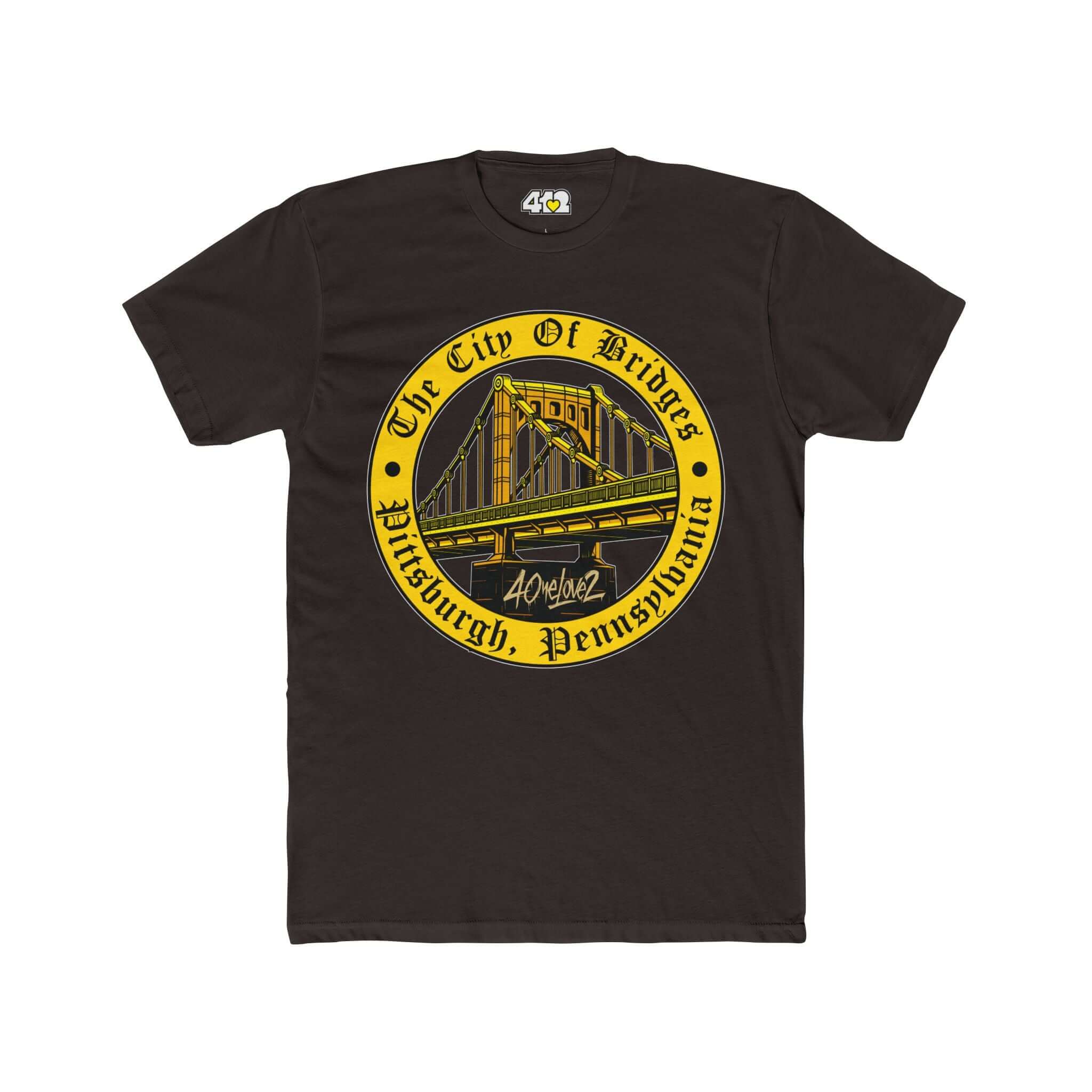 The City of Bridges T-Shirt | Full Color Logo. Apparel Color: Solid Dark Chocolate. Tailored fit T-Shirt with breathable cotton fabric, and classic neckline.