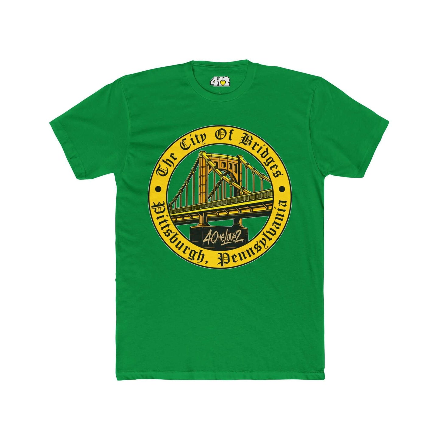 The City of Bridges T-Shirt | Full Color Logo. Apparel Color: Solid Kelly Green. Tailored fit T-Shirt with breathable cotton fabric, and classic neckline.