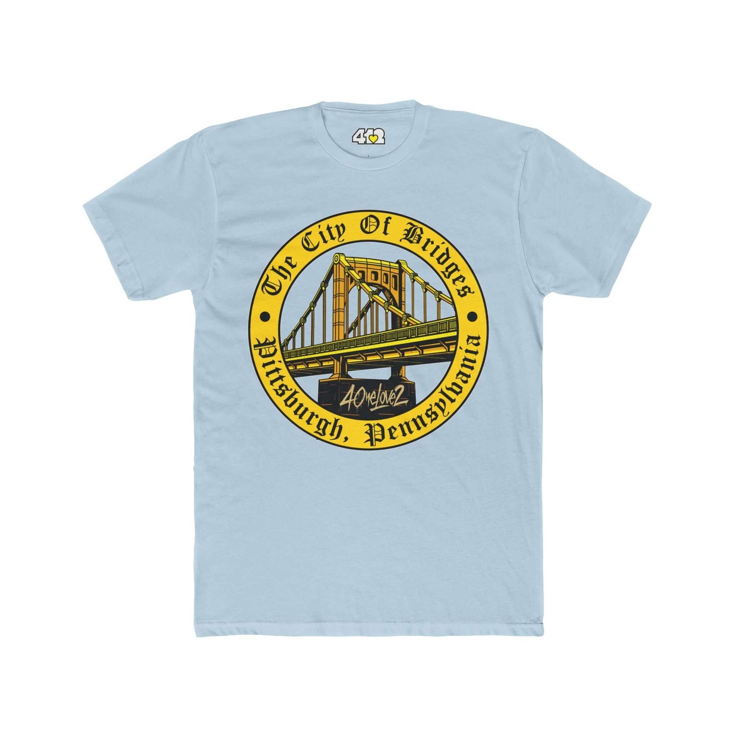 The City of Bridges T-Shirt | Full Color Logo. Apparel Color: Solid Light Blue. Tailored fit T-Shirt with breathable cotton fabric, and classic neckline.