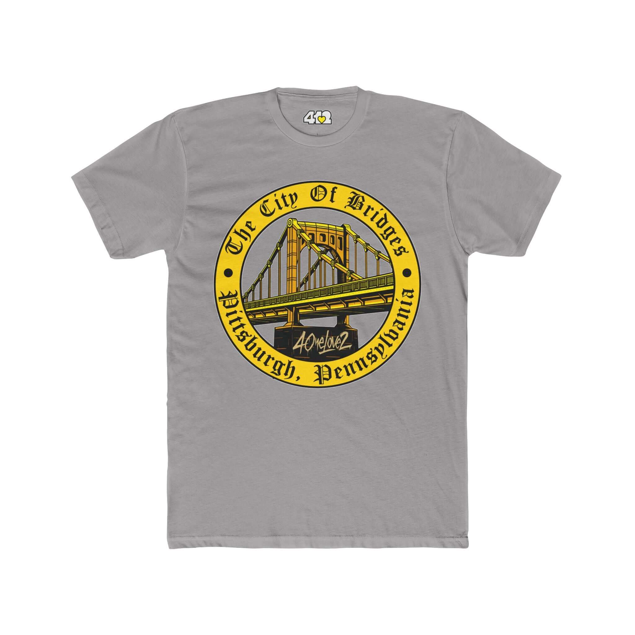 The City of Bridges T-Shirt | Full Color Logo. Apparel Color: Solid Light Grey. Tailored fit T-Shirt with breathable cotton fabric, and classic neckline.