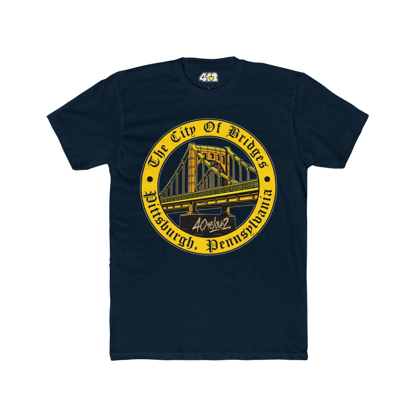 The City of Bridges T-Shirt | Full Color Logo. Apparel Color: Solid Midnight Navy. Tailored fit T-Shirt with breathable cotton fabric, and classic neckline.