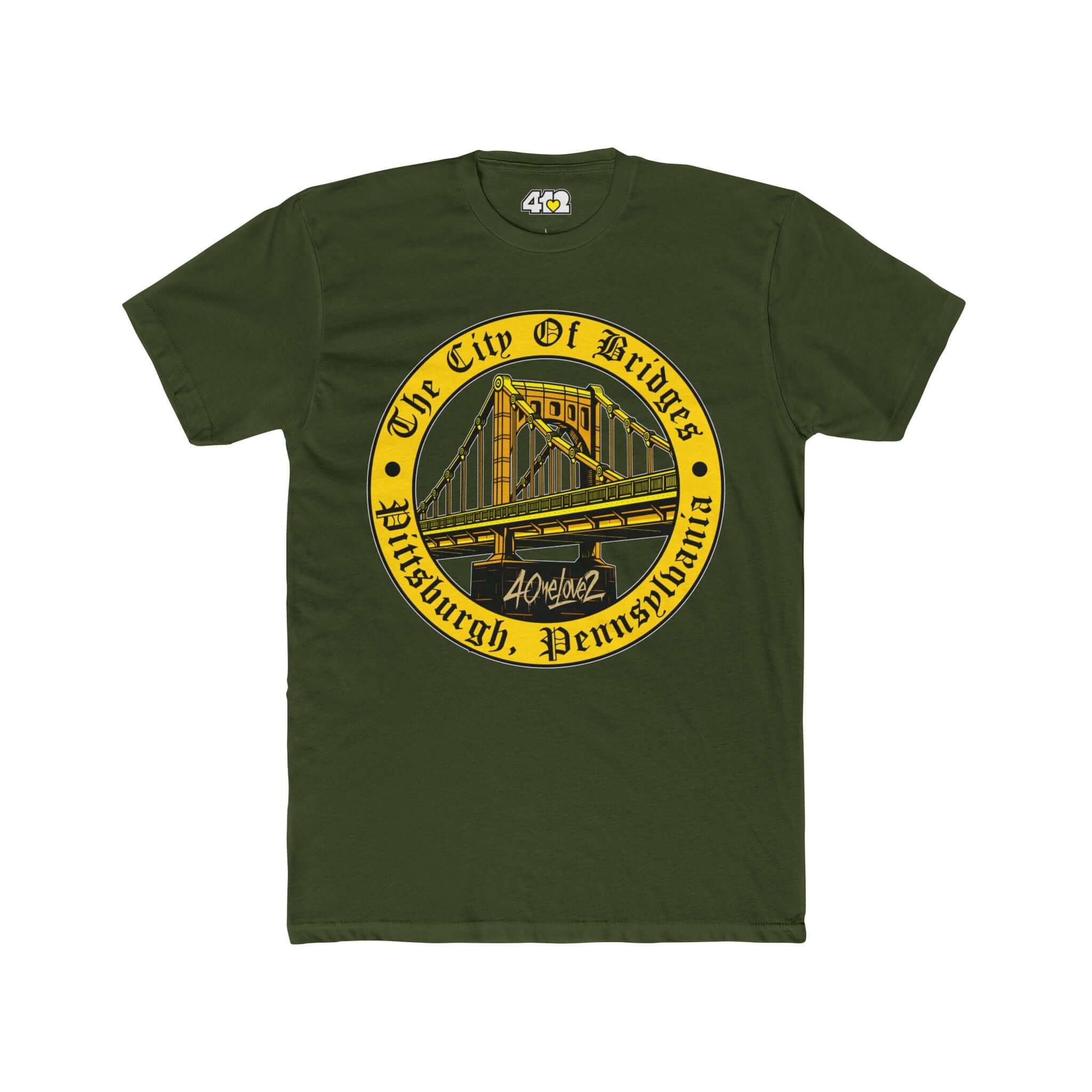 The City of Bridges T-Shirt | Full Color Logo. Apparel Color: Solid Military Green. Tailored fit T-Shirt with breathable cotton fabric, and classic neckline.
