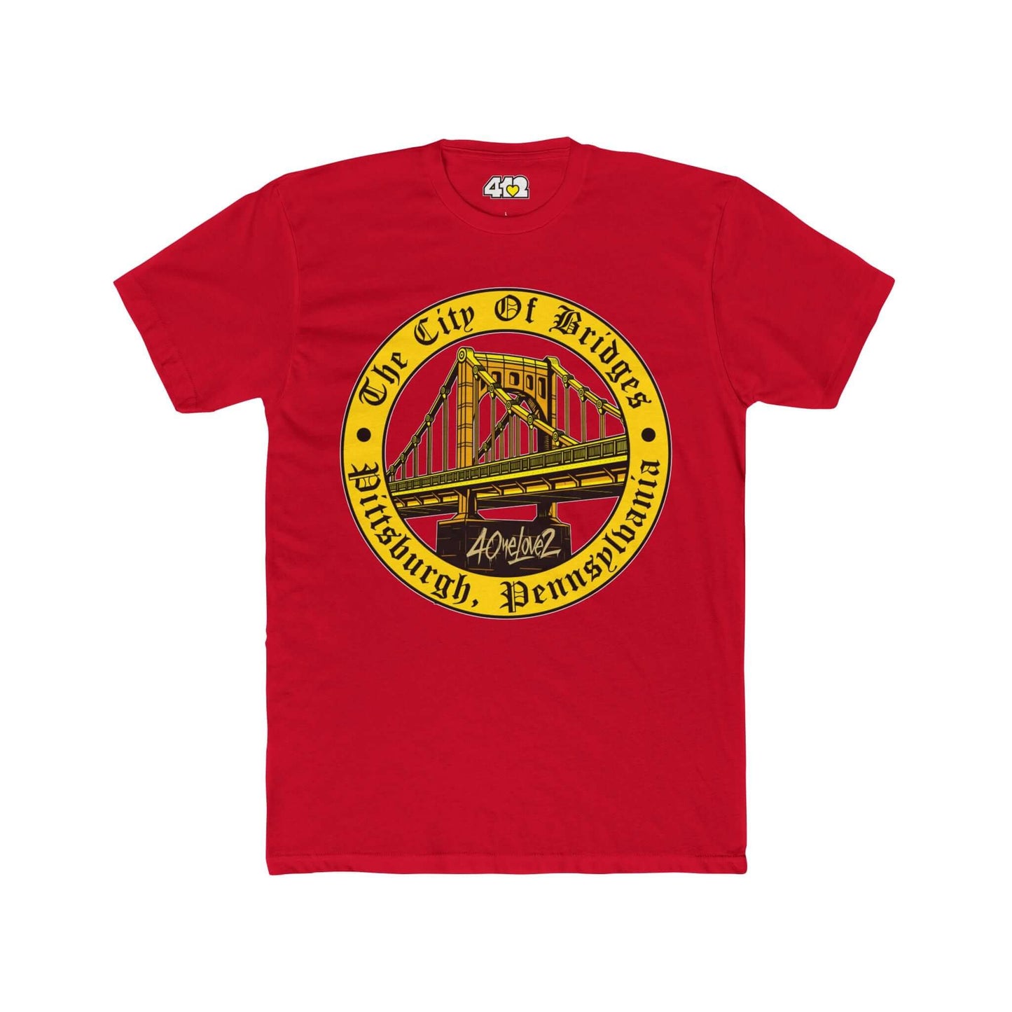 The City of Bridges T-Shirt | Full Color Logo. Apparel Color: Solid Red. Tailored fit T-Shirt with breathable cotton fabric, and classic neckline.