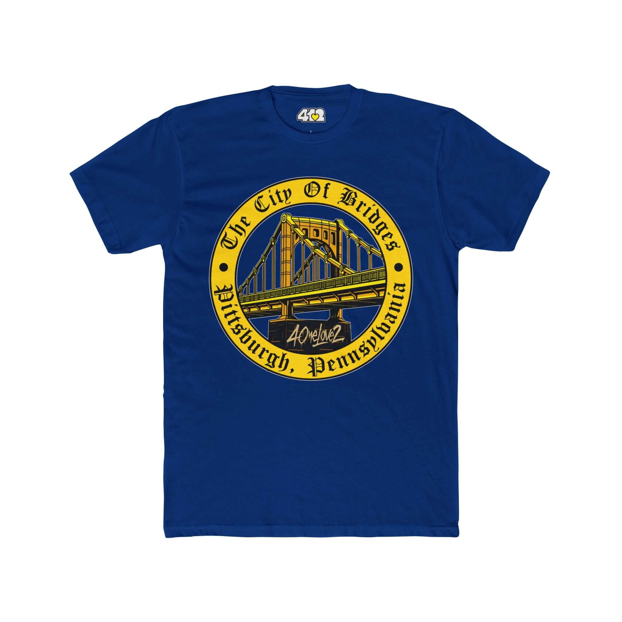 The City of Bridges T-Shirt | Full Color Logo. Apparel Color: Solid Royal. Tailored fit T-Shirt with breathable cotton fabric, and classic neckline.