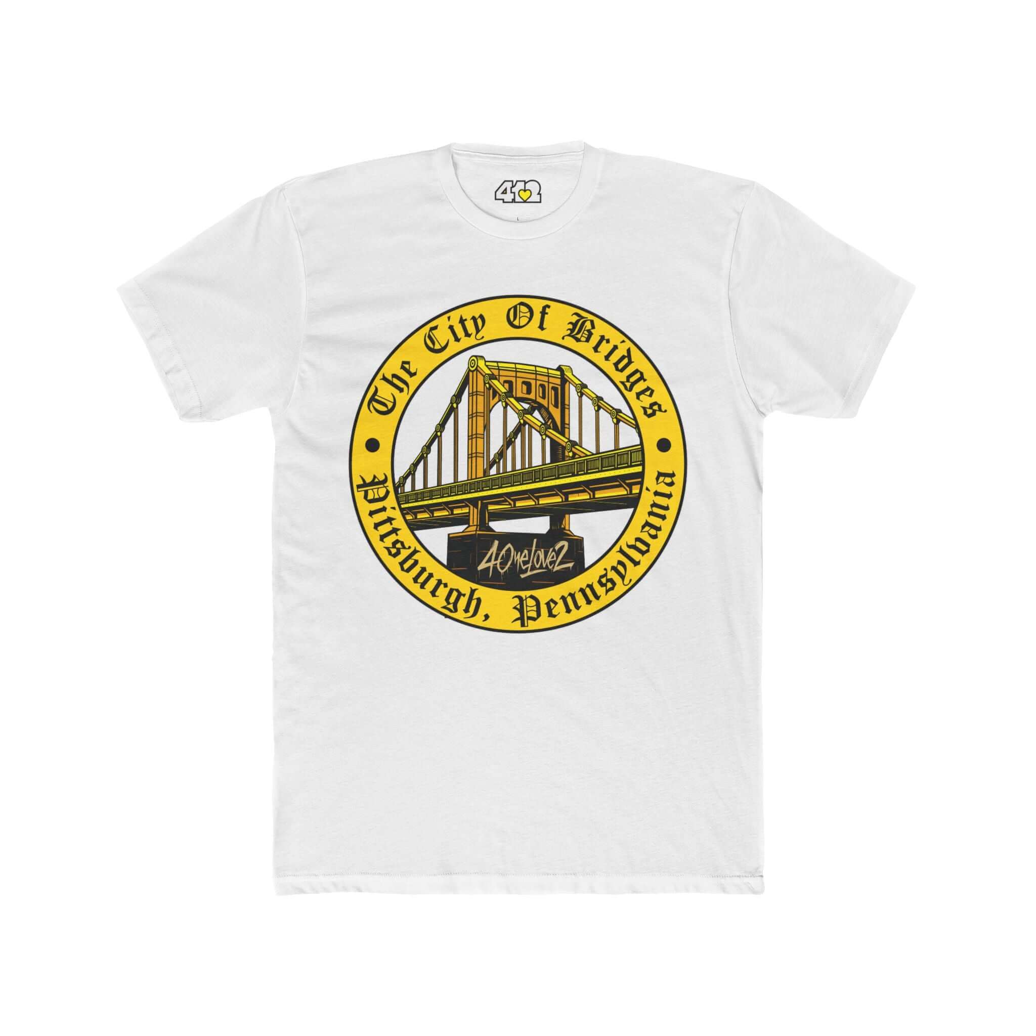 The City of Bridges T-Shirt | Full Color Logo. Apparel Color: Solid White. Tailored fit T-Shirt with breathable cotton fabric, and classic neckline.