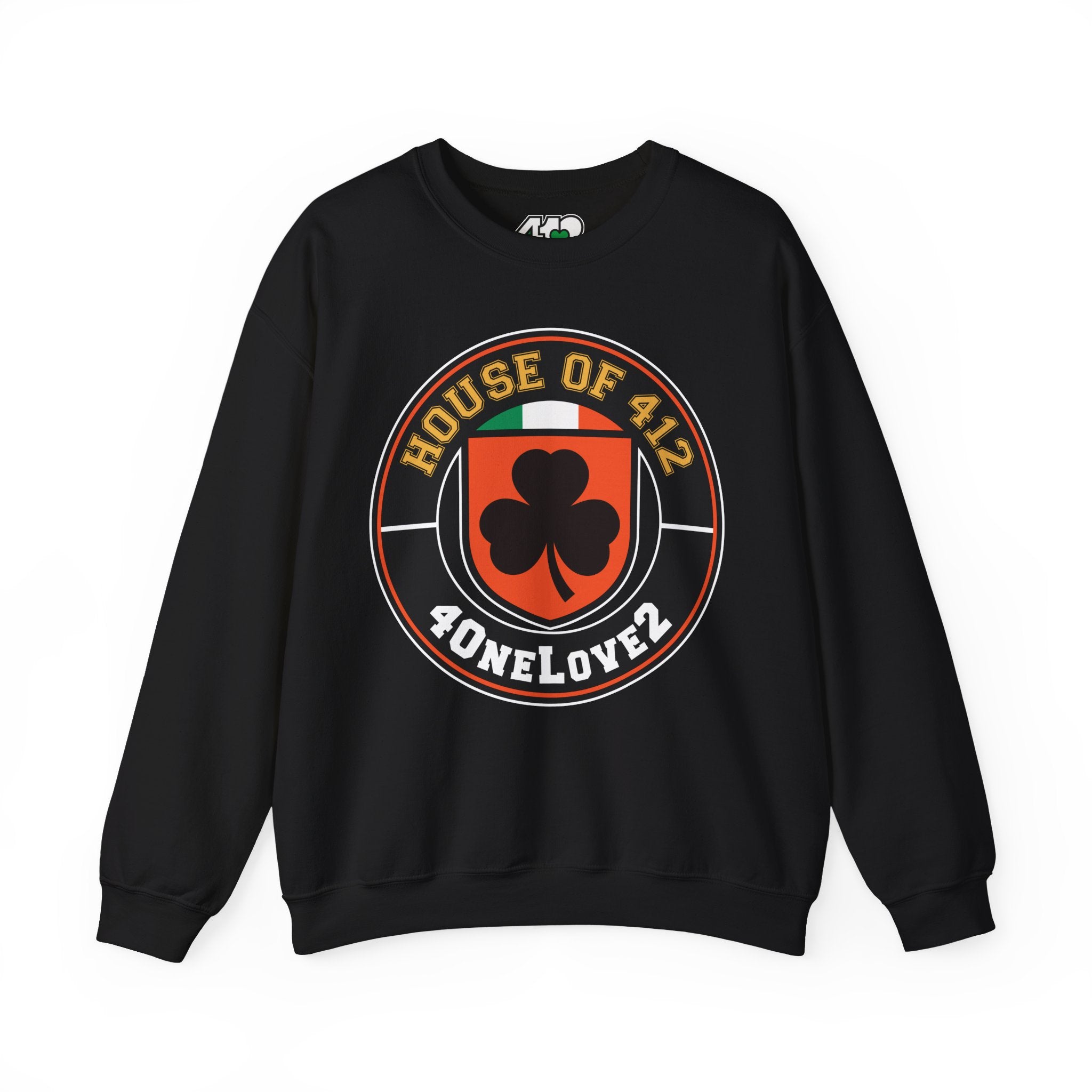 The House Of 412 Crewneck. Apparel Color: Black. A blend of 50% cotton and 50% polyester for cozy durability. With an Elastic ribbed collar, and Double-needle stitching.