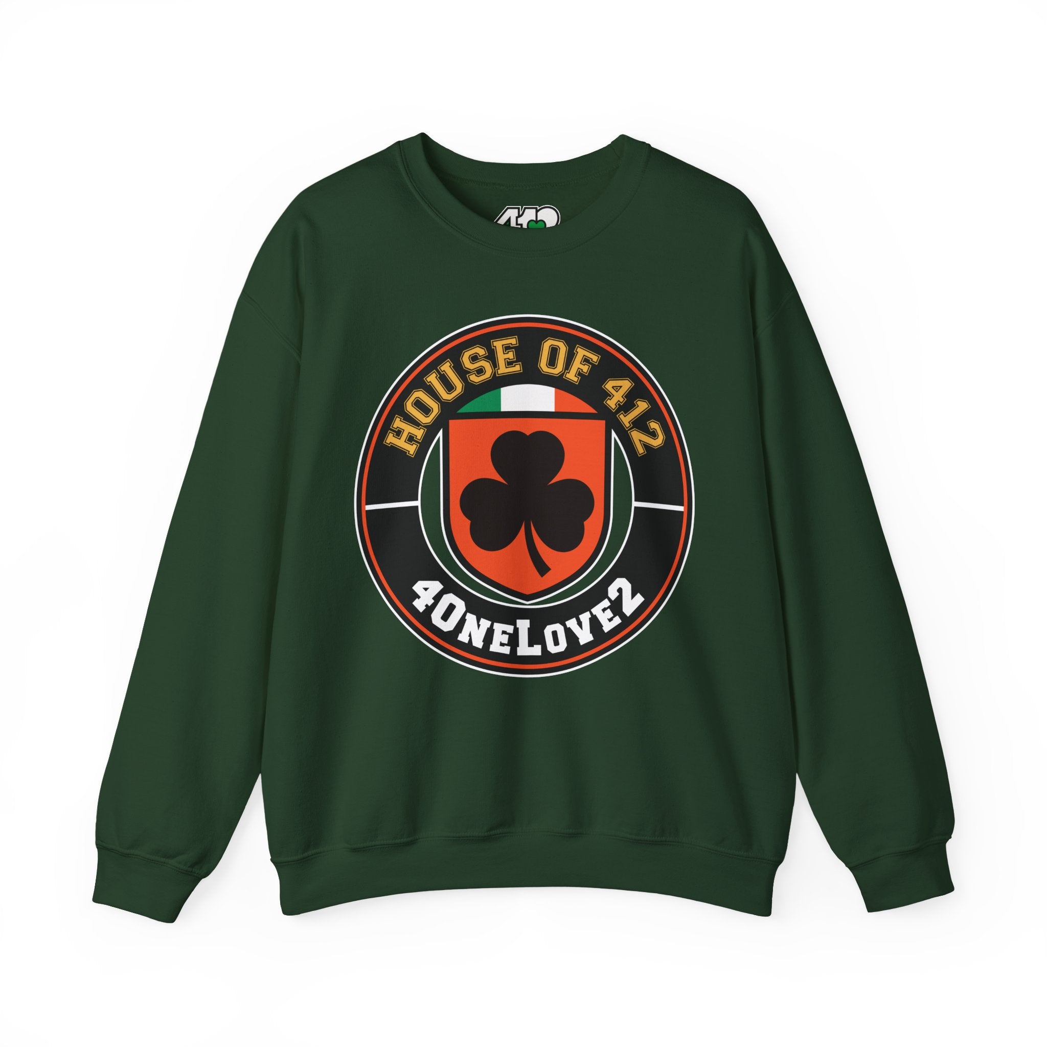 The House Of 412 Crewneck. Apparel Color: Forest Green. A blend of 50% cotton and 50% polyester for cozy durability. With an Elastic ribbed collar, and Double-needle stitching.