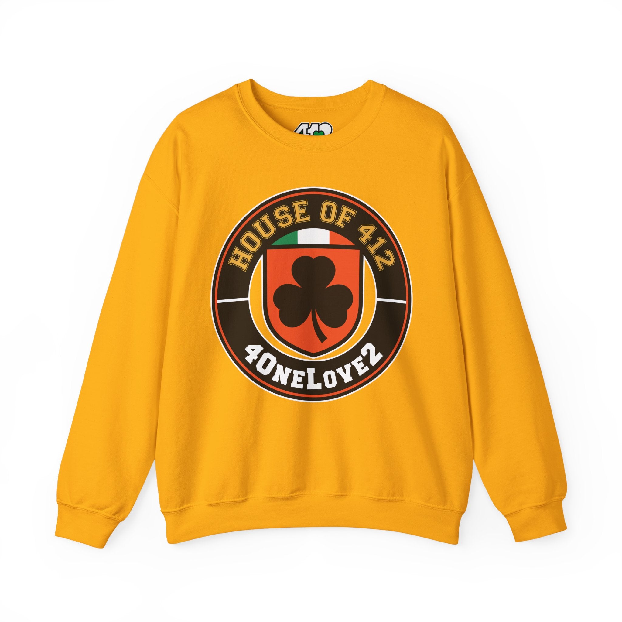 The House Of 412 Crewneck. Apparel Color: Gold. A blend of 50% cotton and 50% polyester for cozy durability. With an Elastic ribbed collar, and Double-needle stitching.