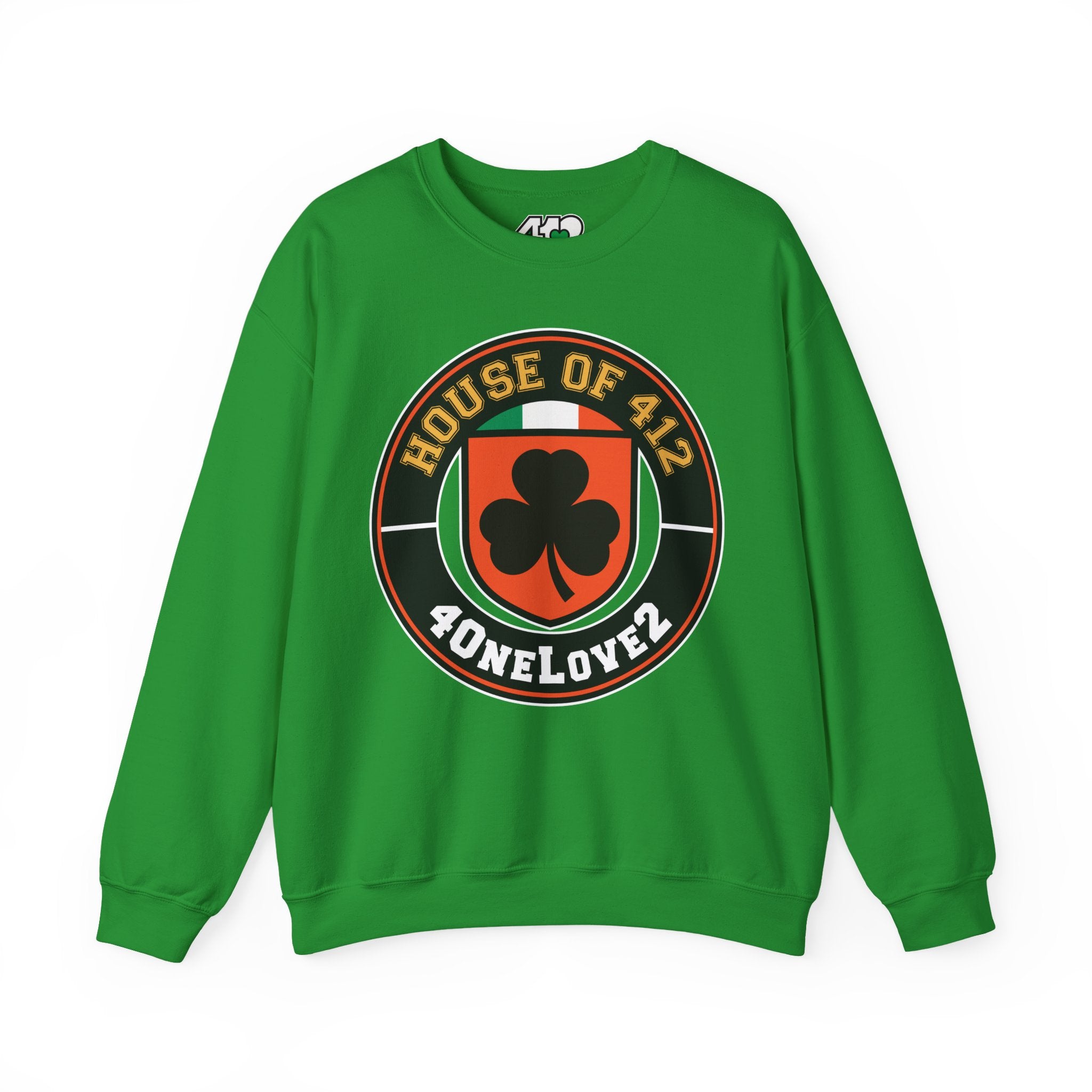 The House Of 412 Crewneck. Apparel Color: Irish Green. A blend of 50% cotton and 50% polyester for cozy durability. With an Elastic ribbed collar, and Double-needle stitching.