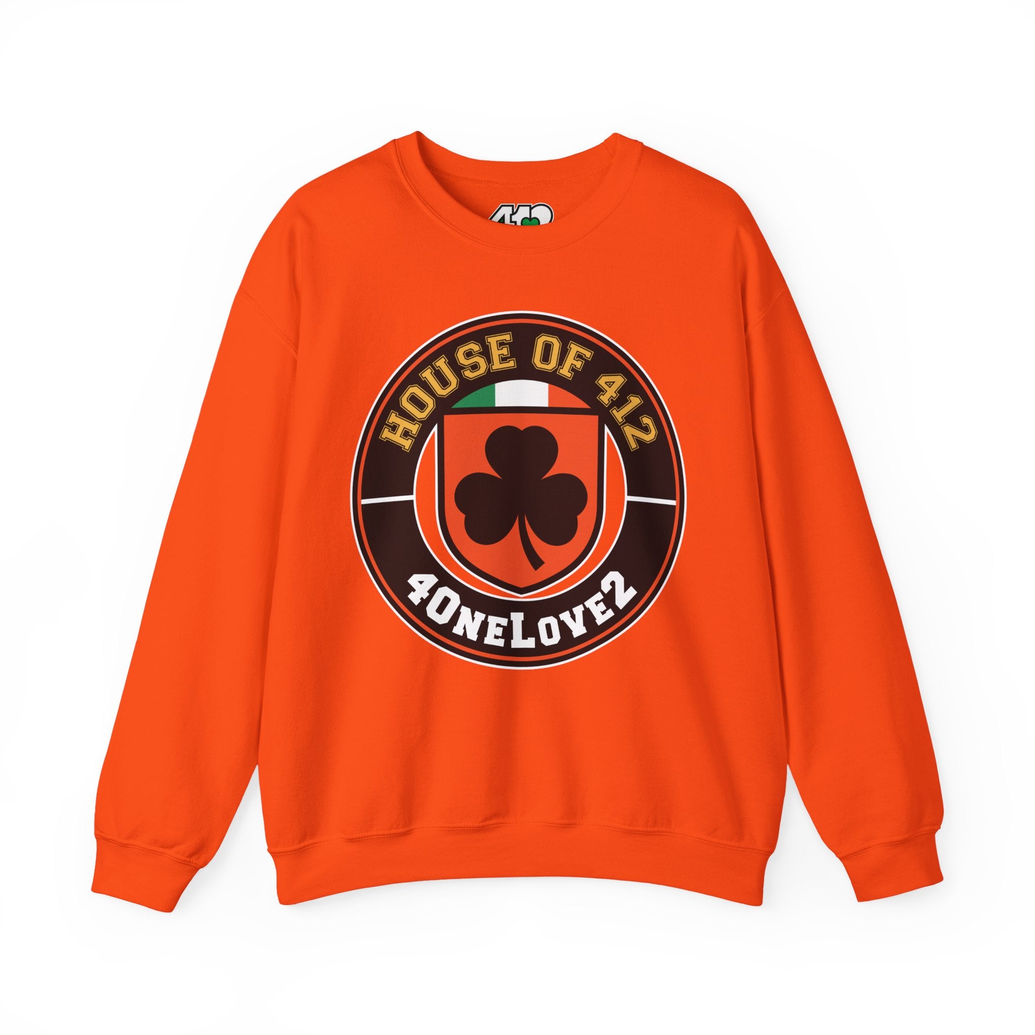 The House Of 412 Crewneck. Apparel Color: Orange. A blend of 50% cotton and 50% polyester for cozy durability. With an Elastic ribbed collar, and Double-needle stitching.