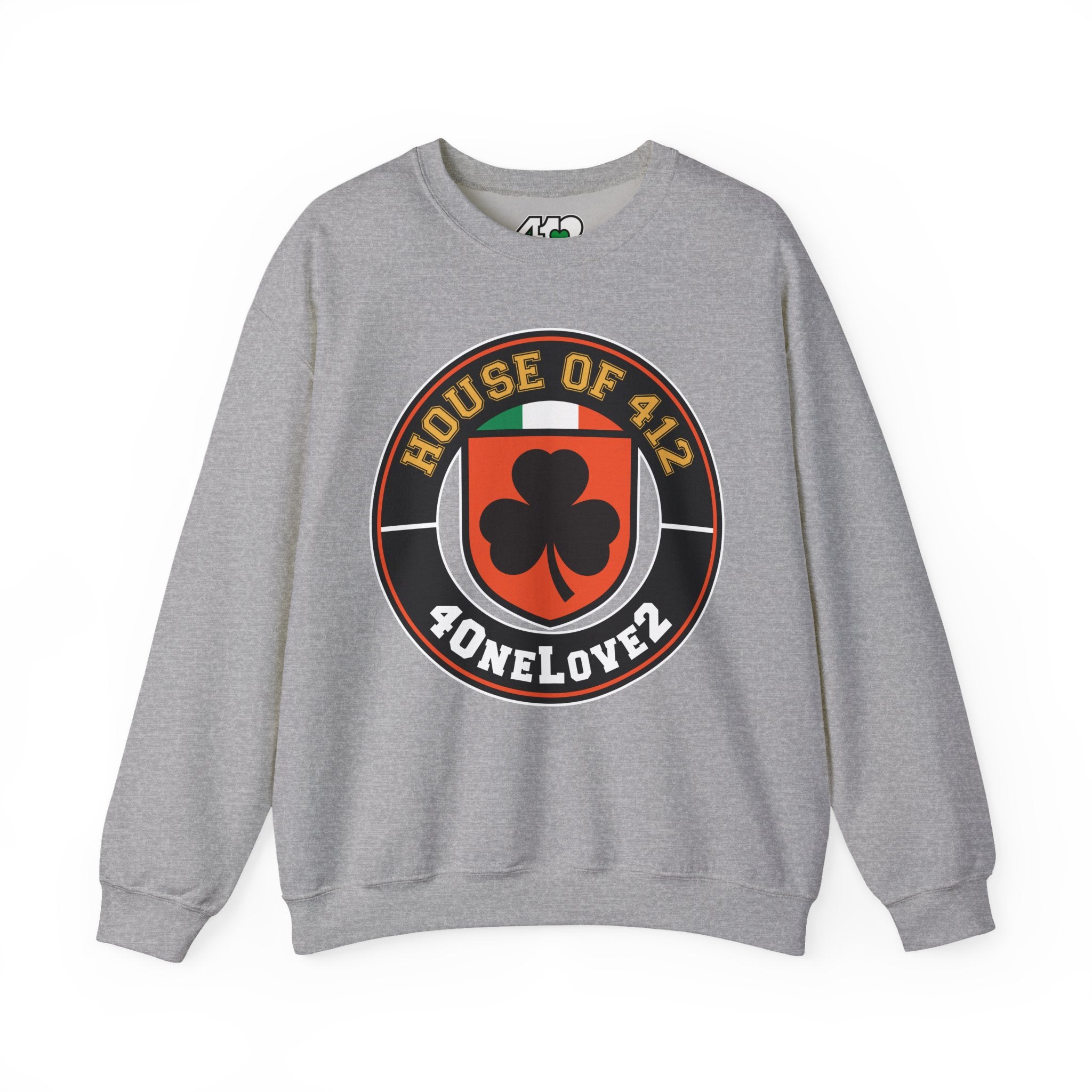 The House Of 412 Crewneck. Apparel Color: Sport Grey. A blend of 50% cotton and 50% polyester for cozy durability. With an Elastic ribbed collar, and Double-needle stitching.