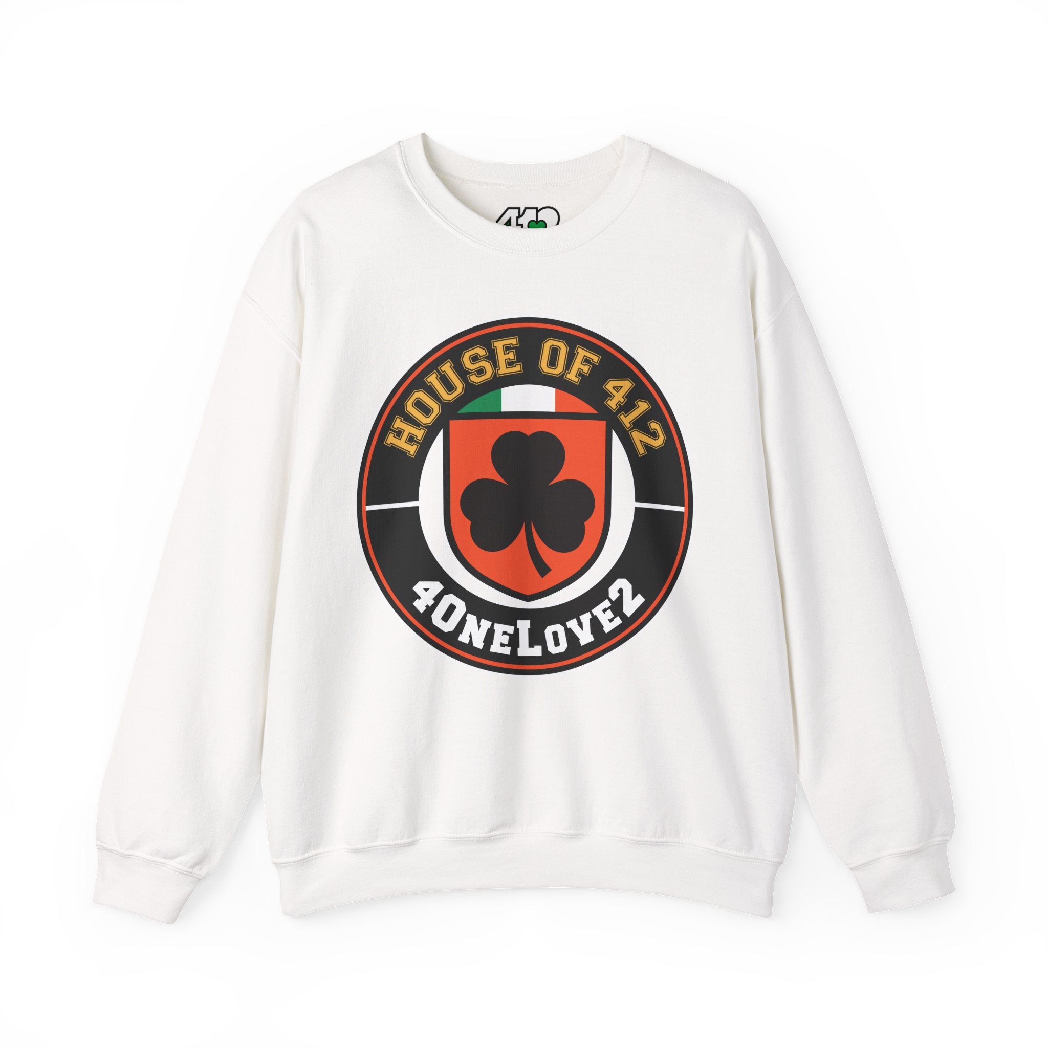 The House Of 412 Crewneck. Apparel Color: White. A blend of 50% cotton and 50% polyester for cozy durability. With an Elastic ribbed collar, and Double-needle stitching.