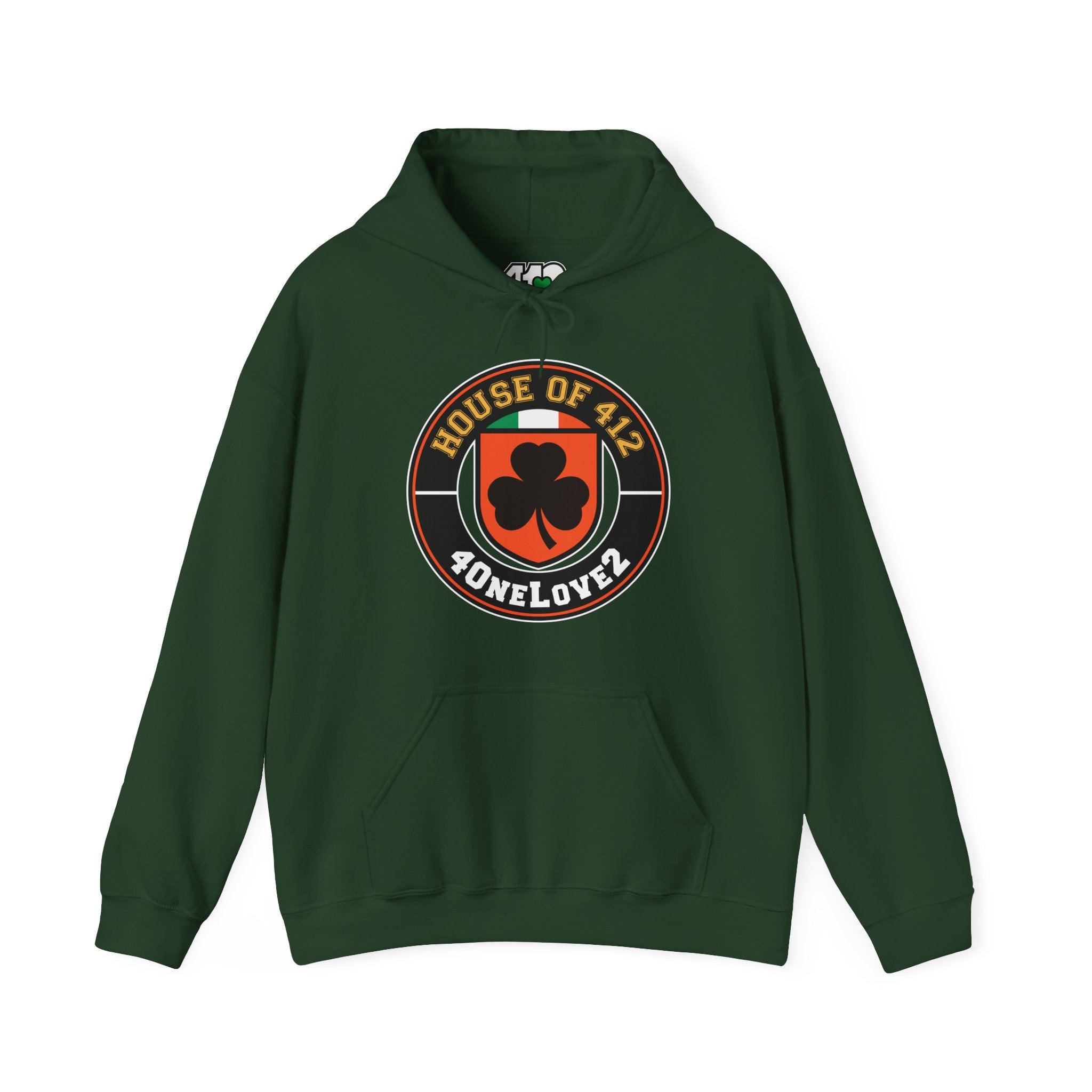 The House Of 412 Hoodie. Apparel Color: Forest Green. 50/50 cotton-poly blend, cozy fit, kangaroo pocket, adjustable drawstring hood.