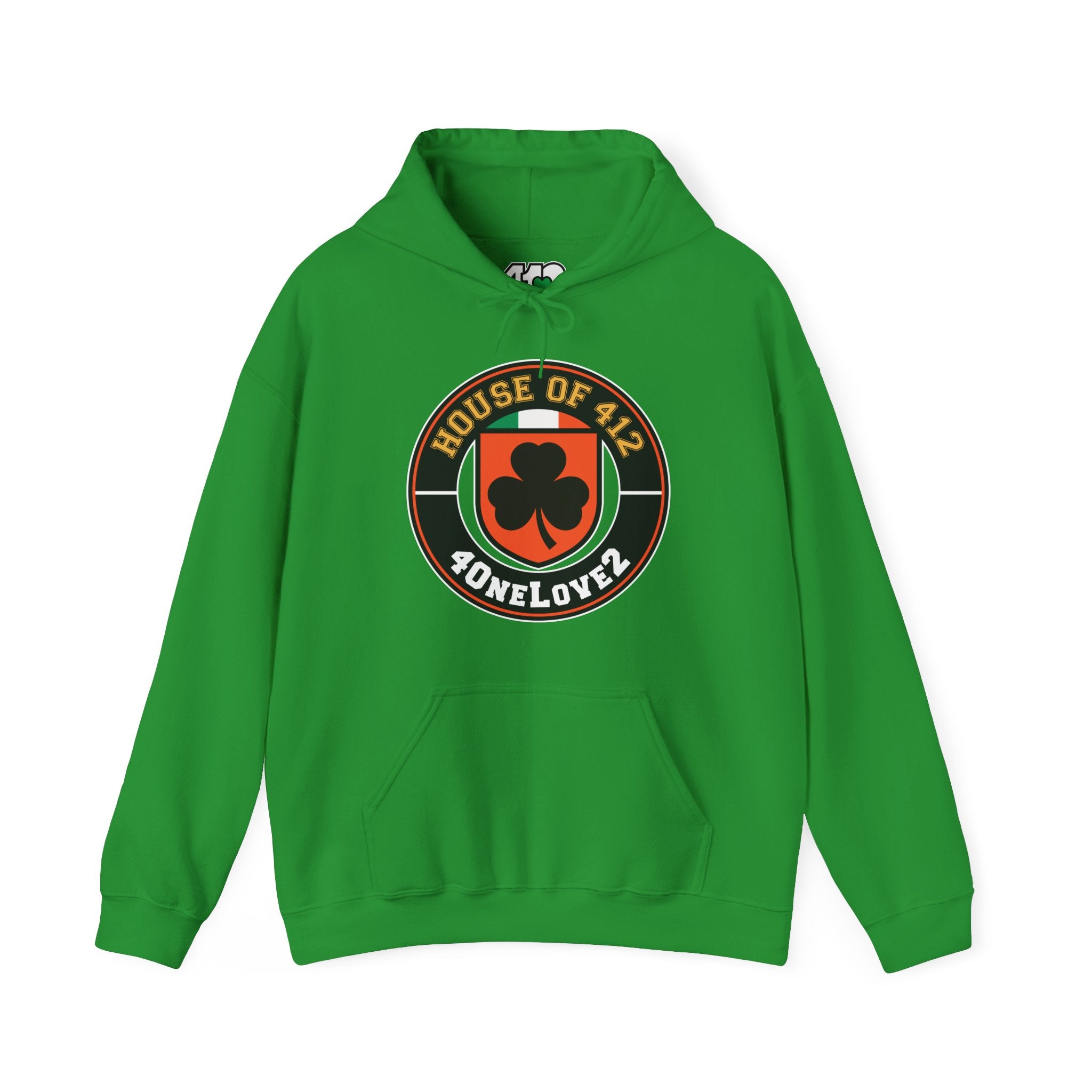 The House Of 412 Hoodie. Apparel Color: Irish Green. 50/50 cotton-poly blend, cozy fit, kangaroo pocket, adjustable drawstring hood.