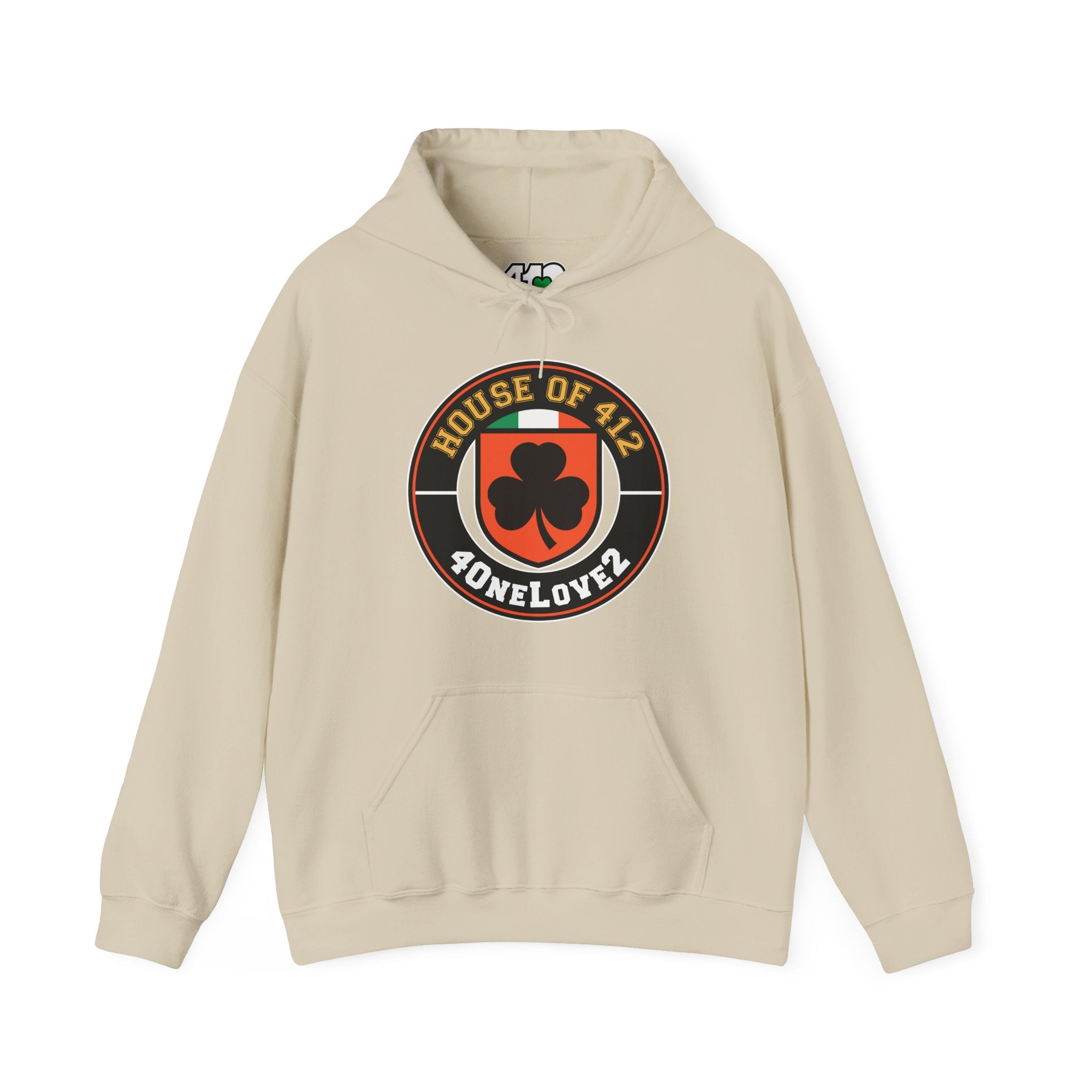 The House Of 412 Hoodie. Apparel Color: Sand. 50/50 cotton-poly blend, cozy fit, kangaroo pocket, adjustable drawstring hood.