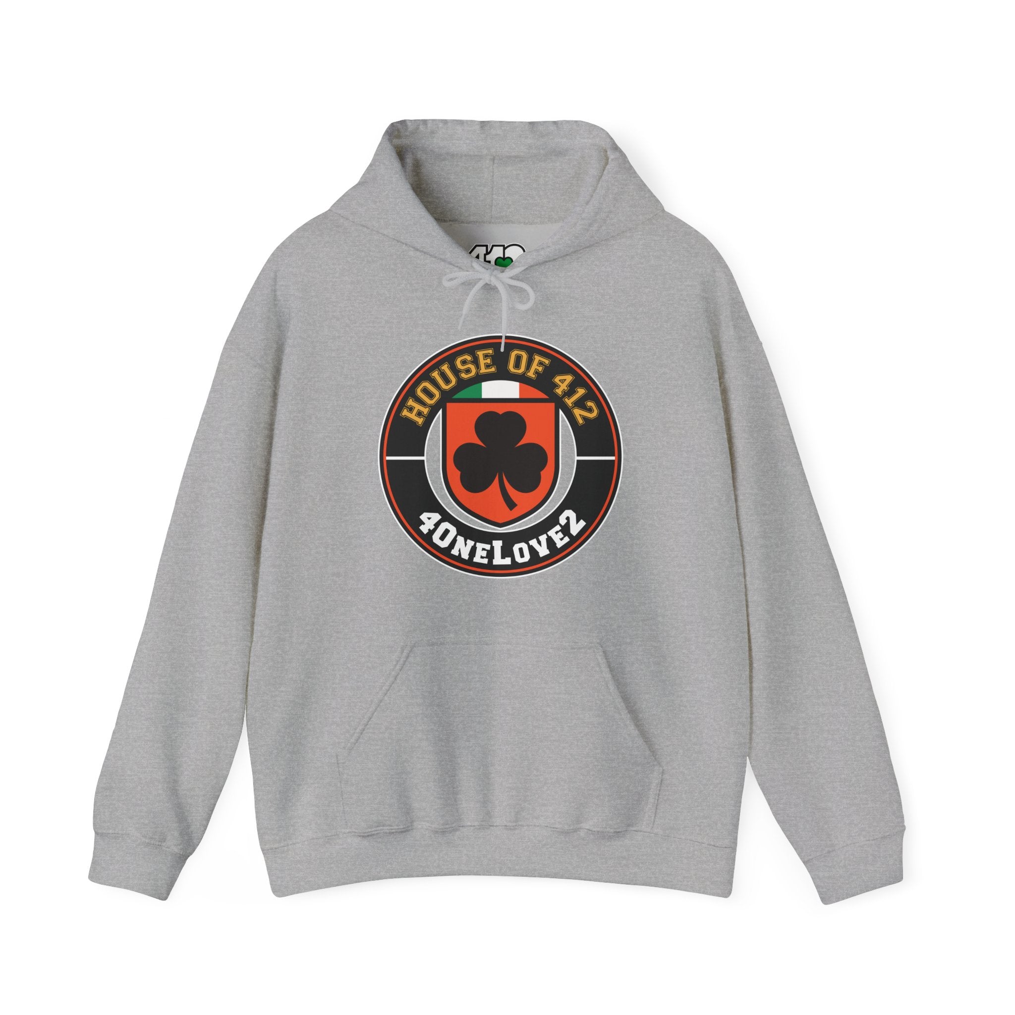 The House Of 412 Hoodie. Apparel Color: Sport Grey. 50/50 cotton-poly blend, cozy fit, kangaroo pocket, adjustable drawstring hood.