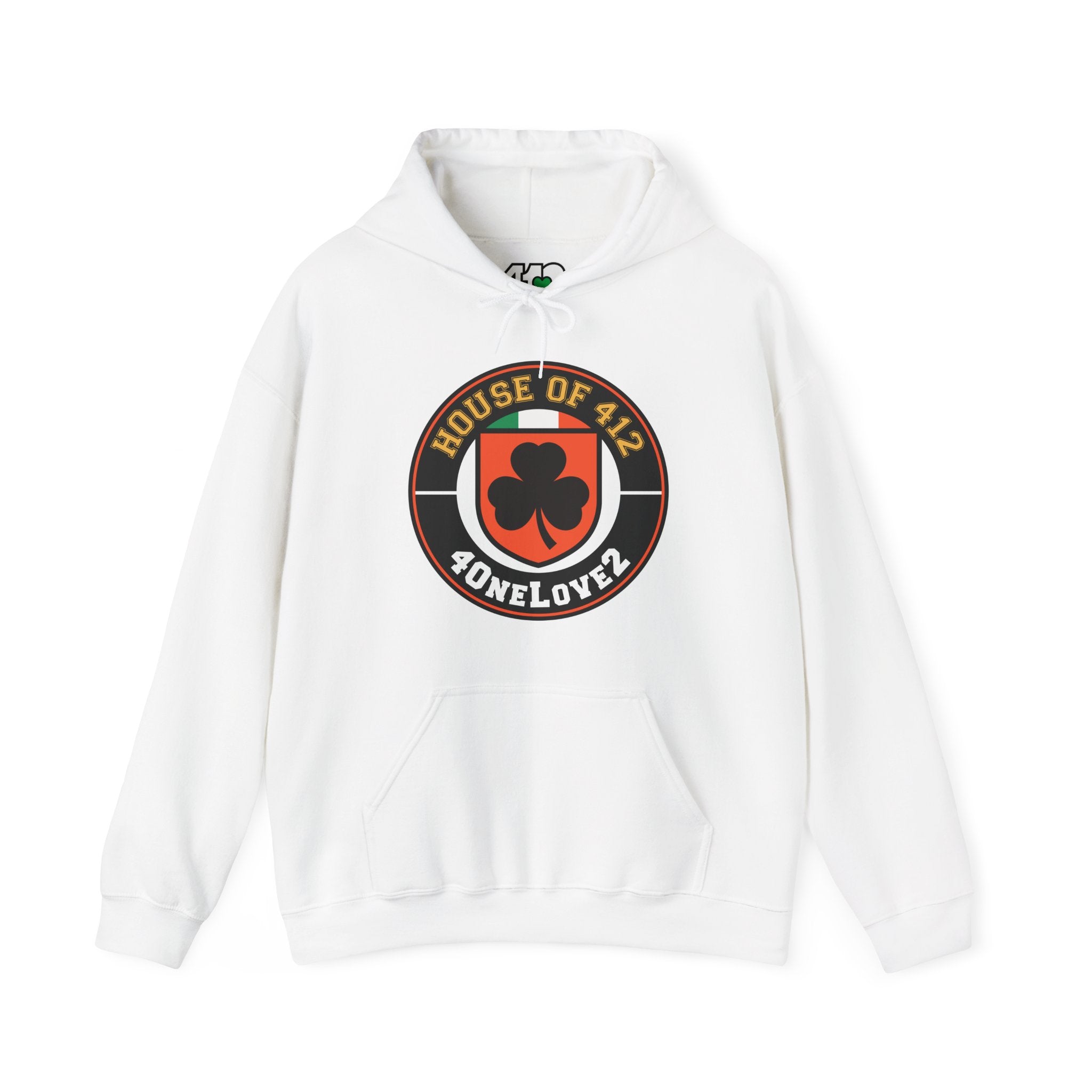 The House Of 412 Hoodie. Apparel Color: White. 50/50 cotton-poly blend, cozy fit, kangaroo pocket, adjustable drawstring hood.