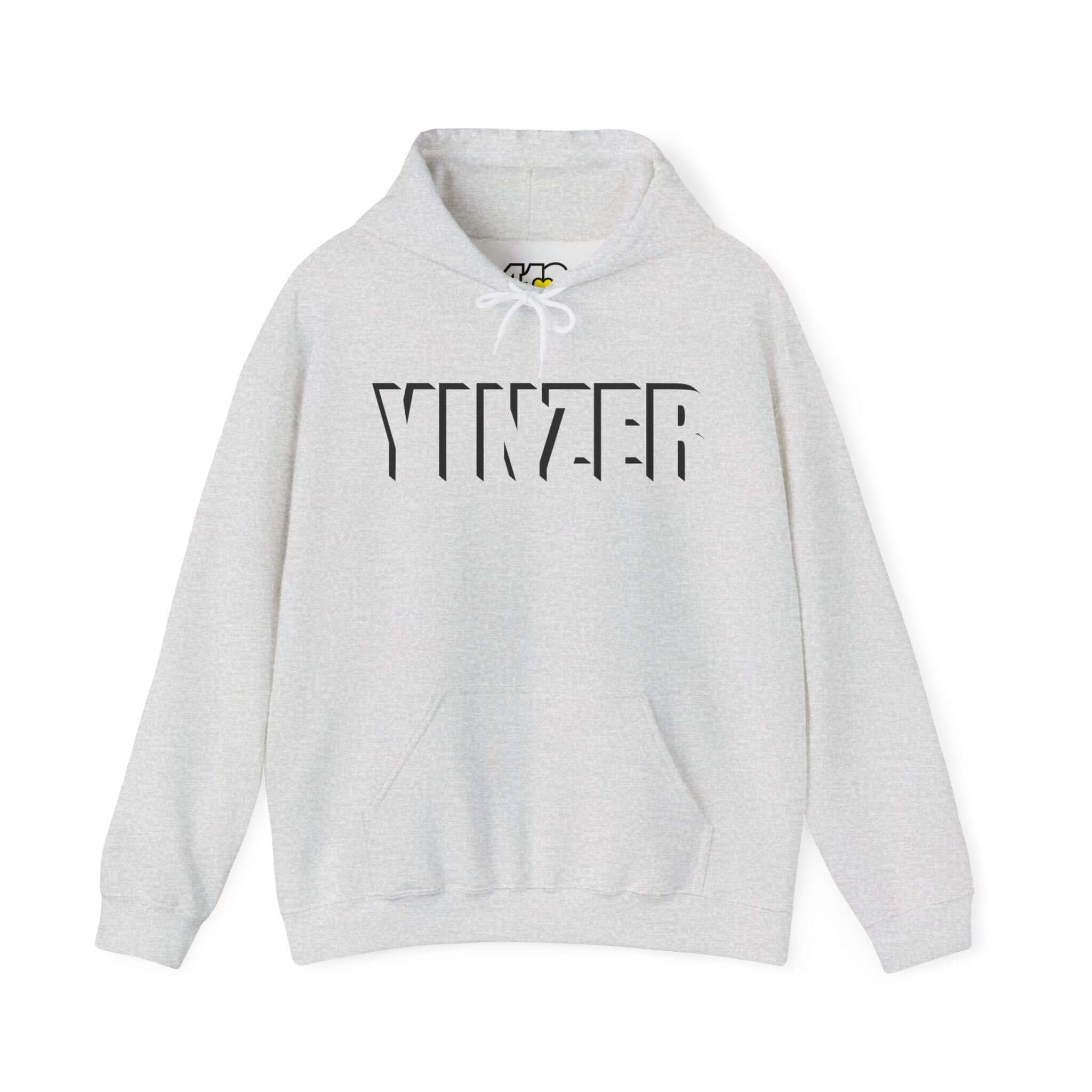 YINZER Hoodie | Bold Black Logo. Apparel Color: Ash grey. 50/50 cotton-poly blend, cozy fit, kangaroo pocket, adjustable drawstring hood.