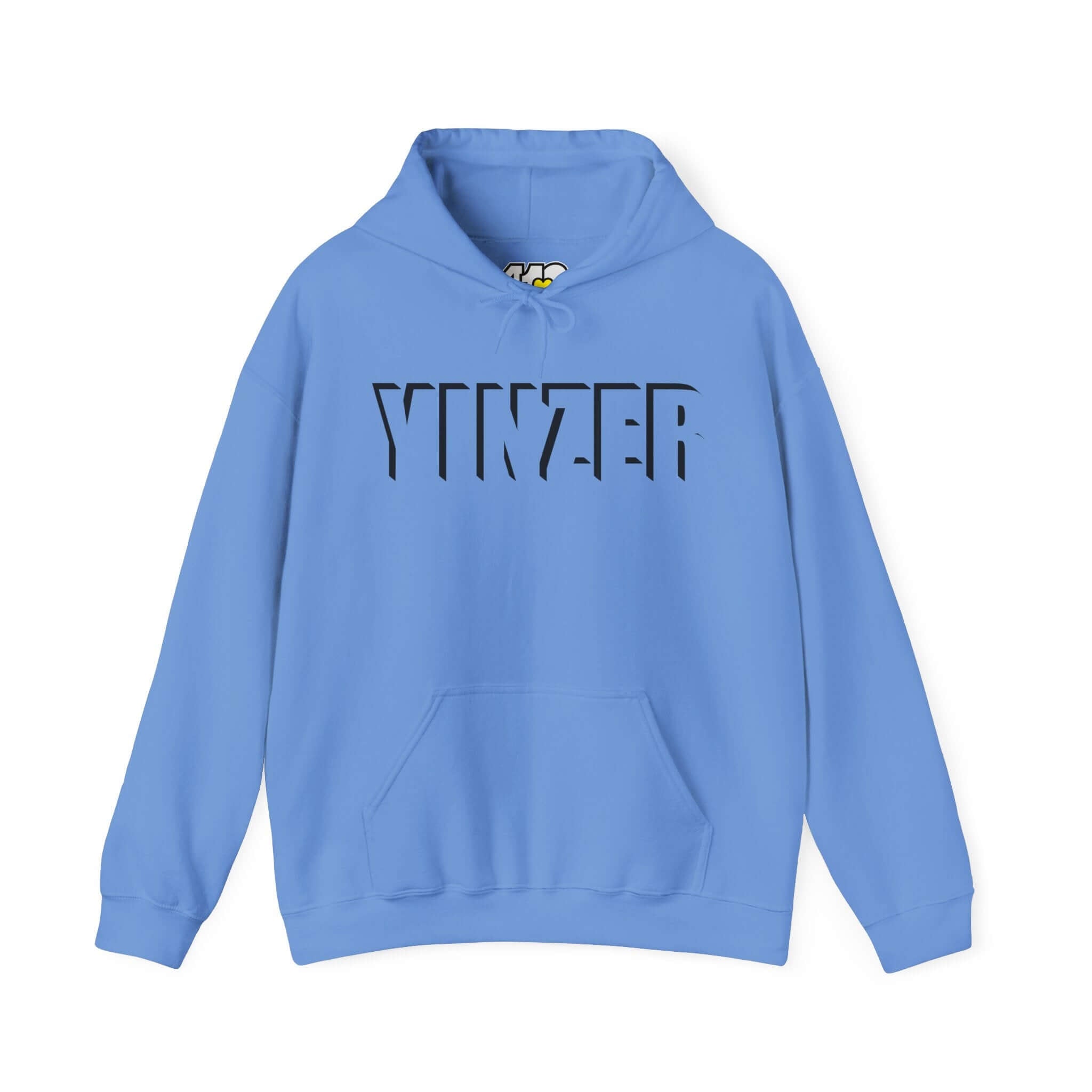 YINZER Hoodie | Bold Black Logo. Apparel Color: Carolina Blue. 50/50 cotton-poly blend, cozy fit, kangaroo pocket, adjustable drawstring hood.