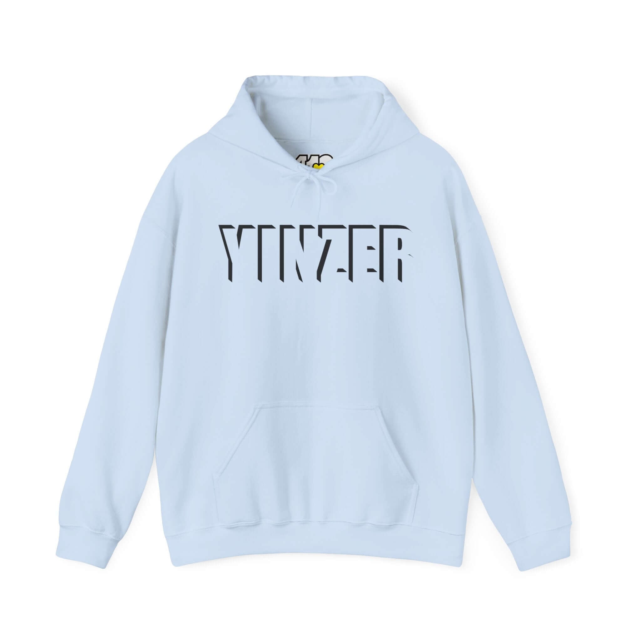 YINZER Hoodie | Bold Black Logo. Apparel Color: Light blue. 50/50 cotton-poly blend, cozy fit, kangaroo pocket, adjustable drawstring hood.