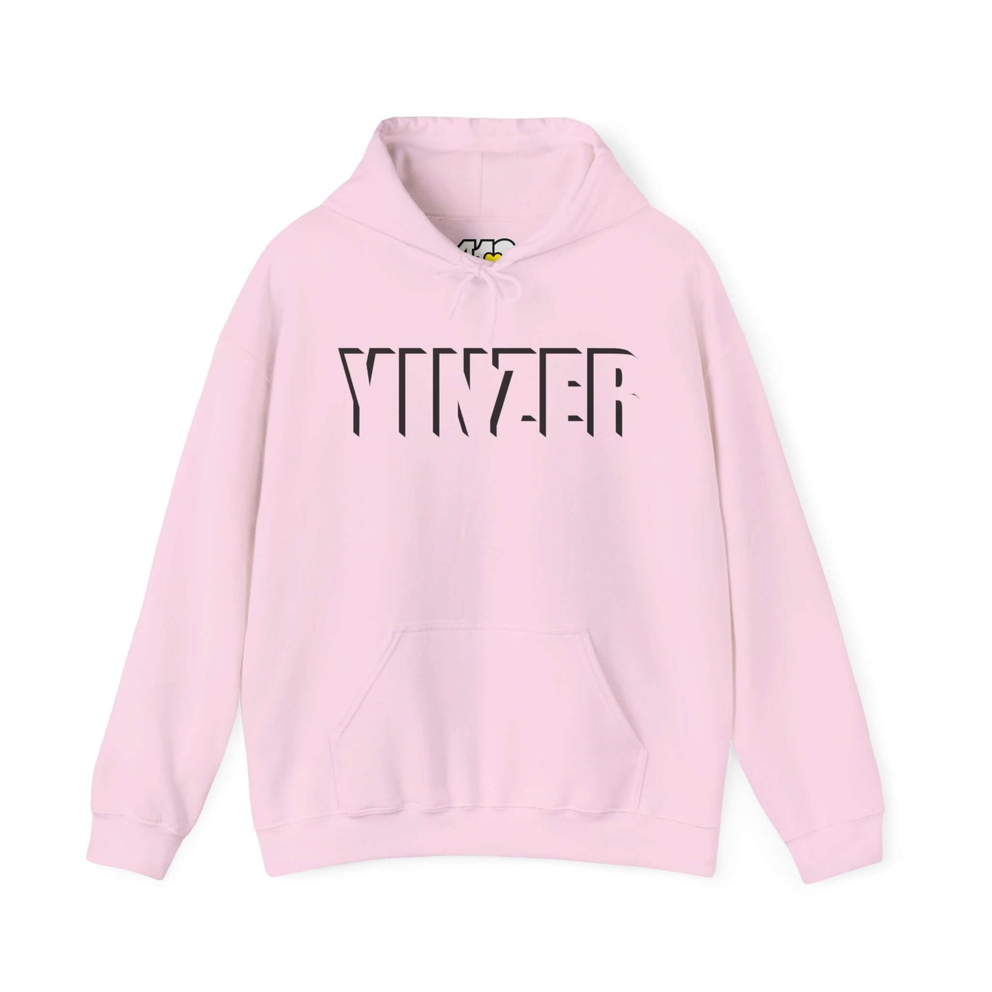 YINZER Hoodie | Bold Black Logo. Apparel Color: Light Pink. 50/50 cotton-poly blend, cozy fit, kangaroo pocket, adjustable drawstring hood.
