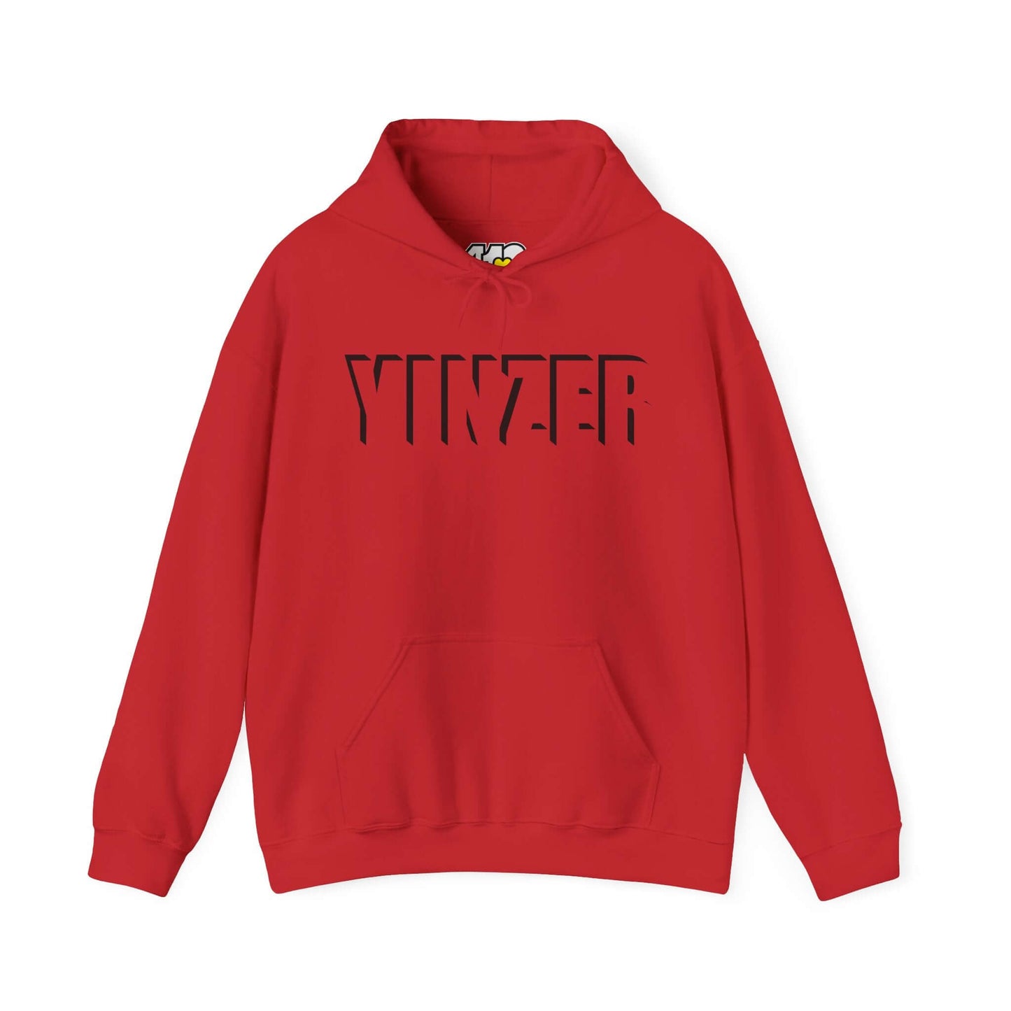 YINZER Hoodie | Bold Black Logo. Apparel Color: Red. 50/50 cotton-poly blend, cozy fit, kangaroo pocket, adjustable drawstring hood.