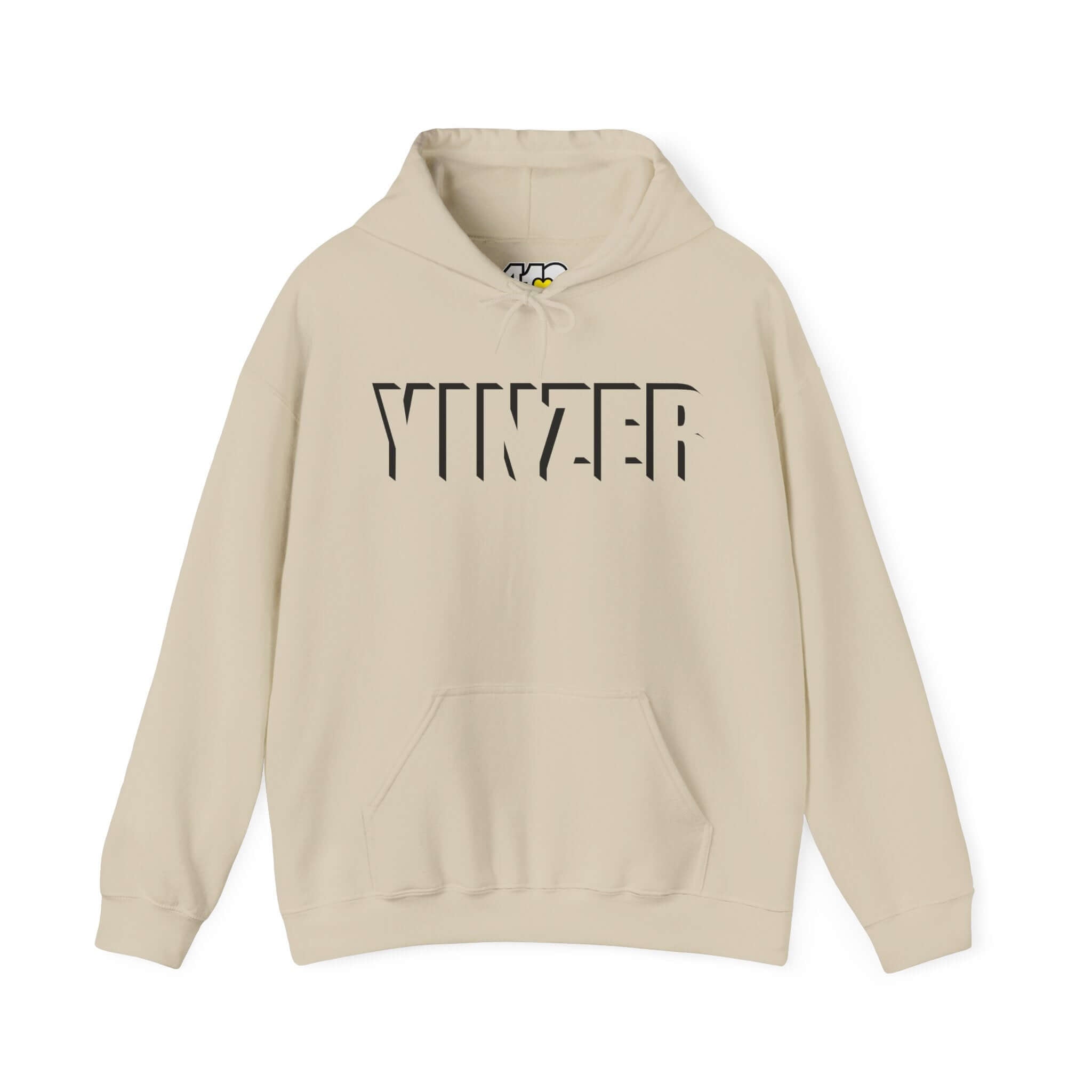 YINZER Hoodie | Bold Black Logo. Apparel Color: Sand. 50/50 cotton-poly blend, cozy fit, kangaroo pocket, adjustable drawstring hood.