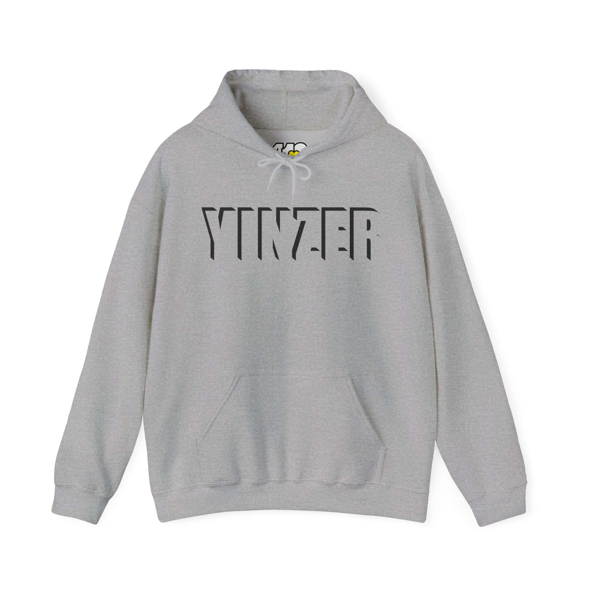 YINZER Hoodie | Bold Black Logo. Apparel Color: Sport grey. 50/50 cotton-poly blend, cozy fit, kangaroo pocket, adjustable drawstring hood.
