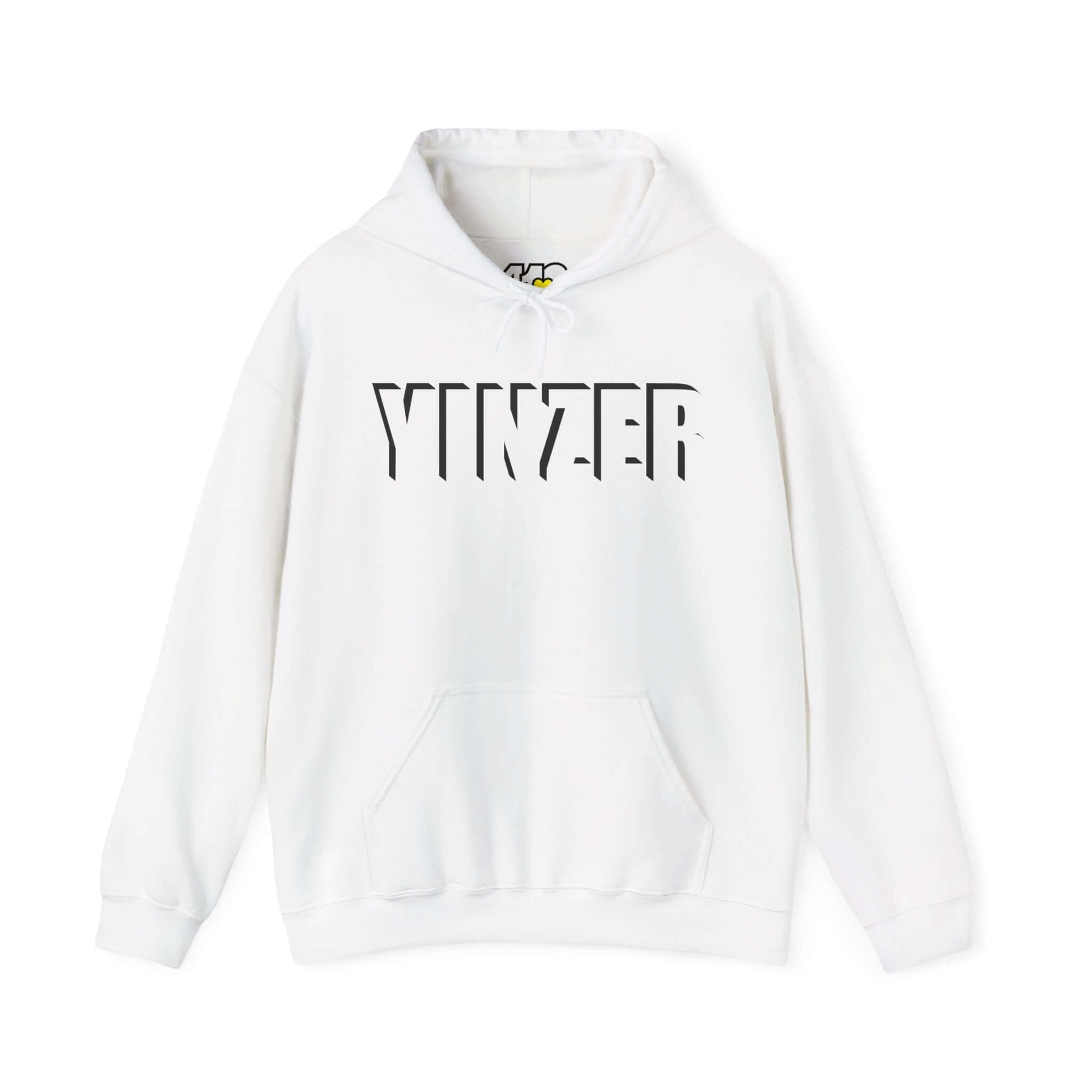 YINZER Hoodie | Bold Black Logo. Apparel Color: White. 50/50 cotton-poly blend, cozy fit, kangaroo pocket, adjustable drawstring hood.