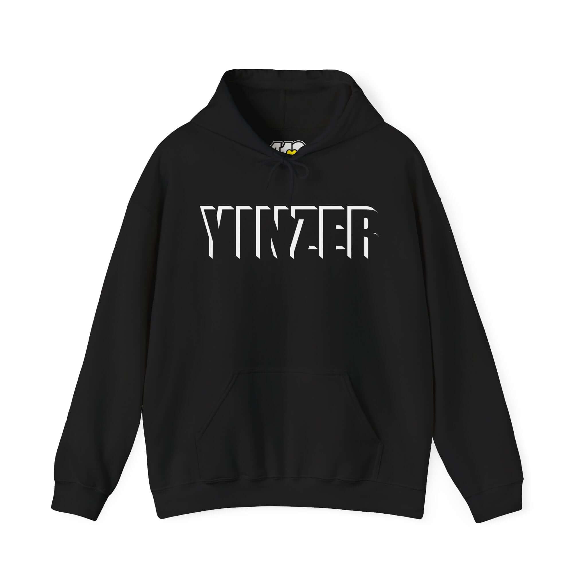 YINZER Hoodie | Bold White Logo. Apparel Color: Black. 50/50 cotton-poly blend, cozy fit, kangaroo pocket, adjustable drawstring hood.