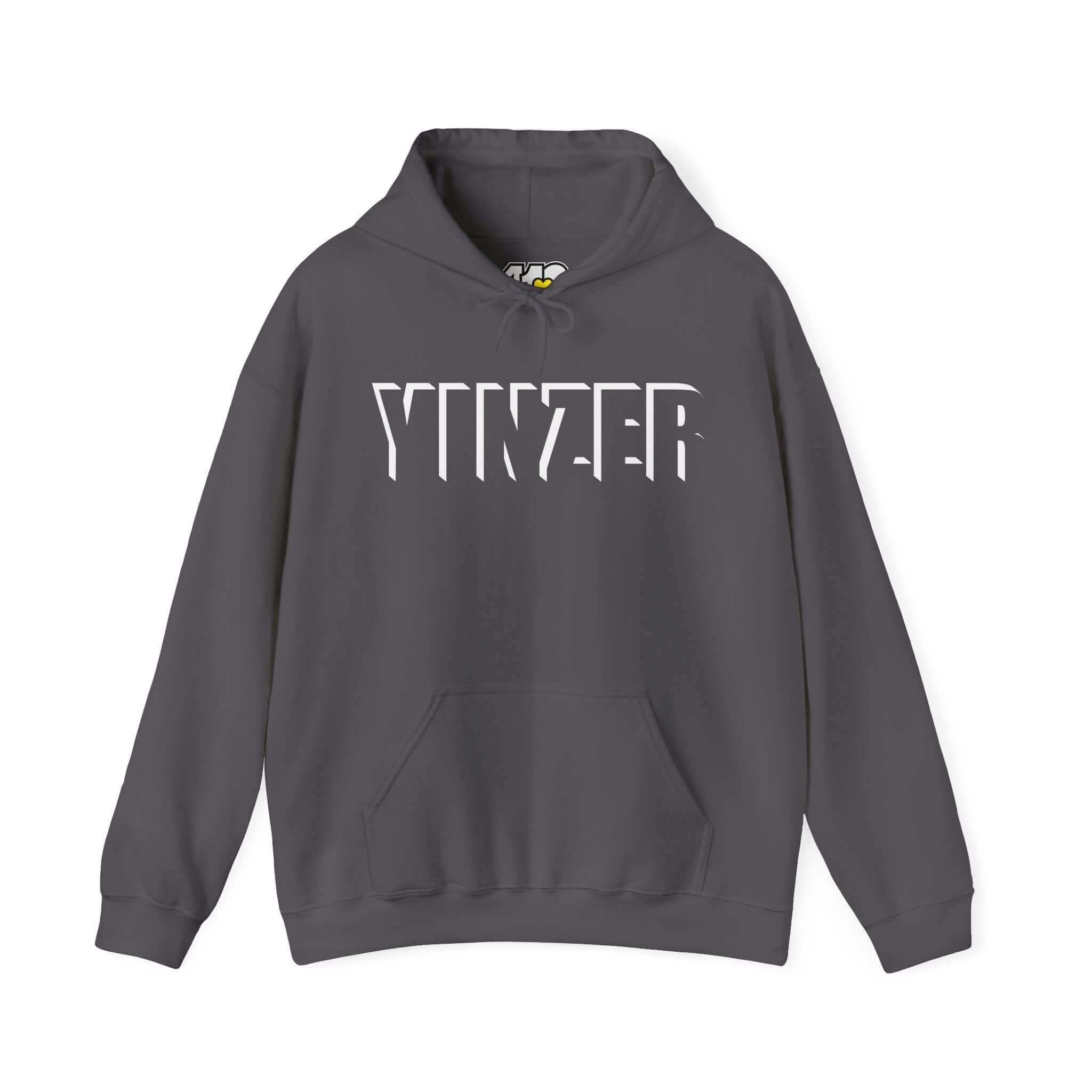YINZER Hoodie | Bold White Logo. Apparel Color: Charcoal. 50/50 cotton-poly blend, cozy fit, kangaroo pocket, adjustable drawstring hood.