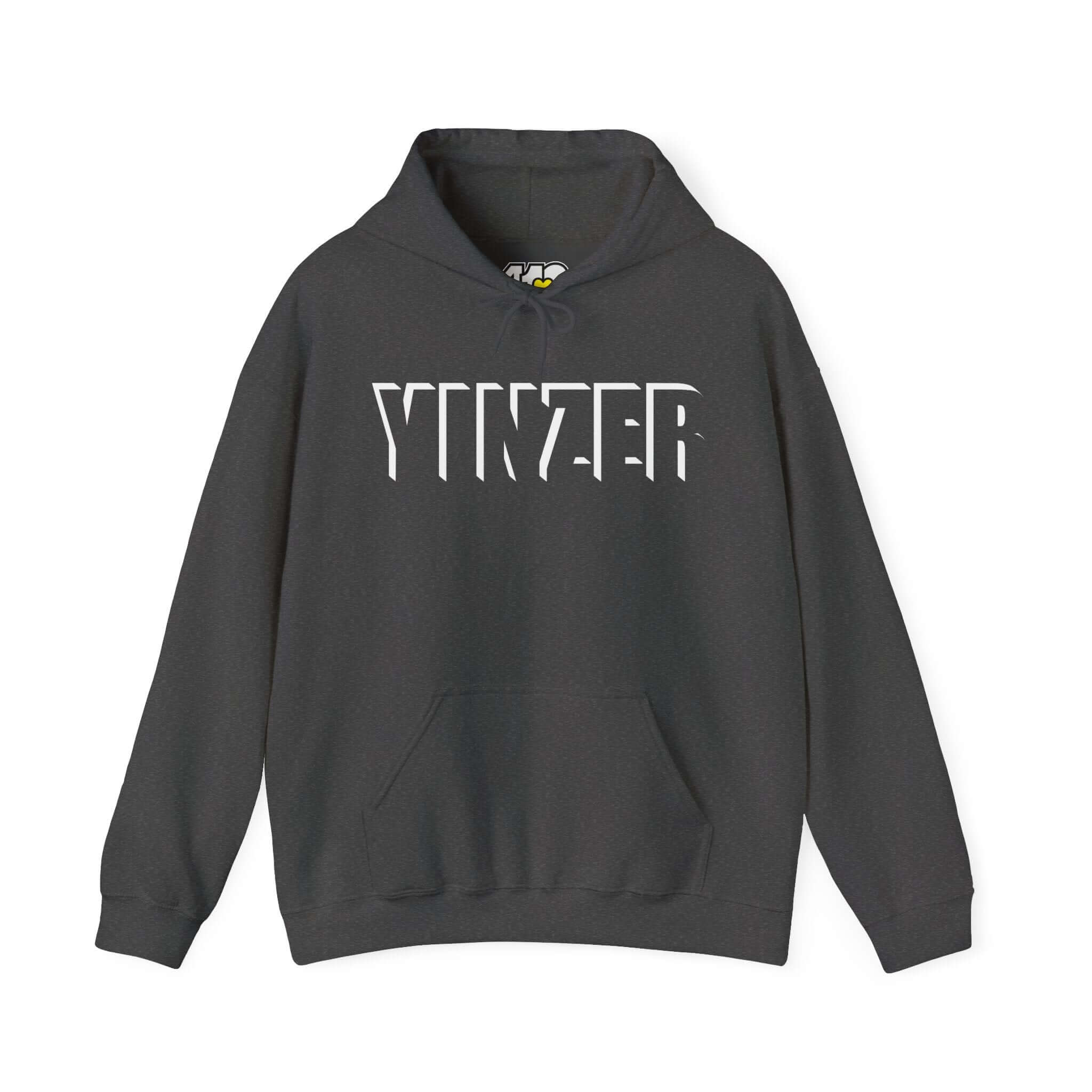 YINZER Hoodie | Bold White Logo. Apparel Color: Dark Heather. 50/50 cotton-poly blend, cozy fit, kangaroo pocket, adjustable drawstring hood.